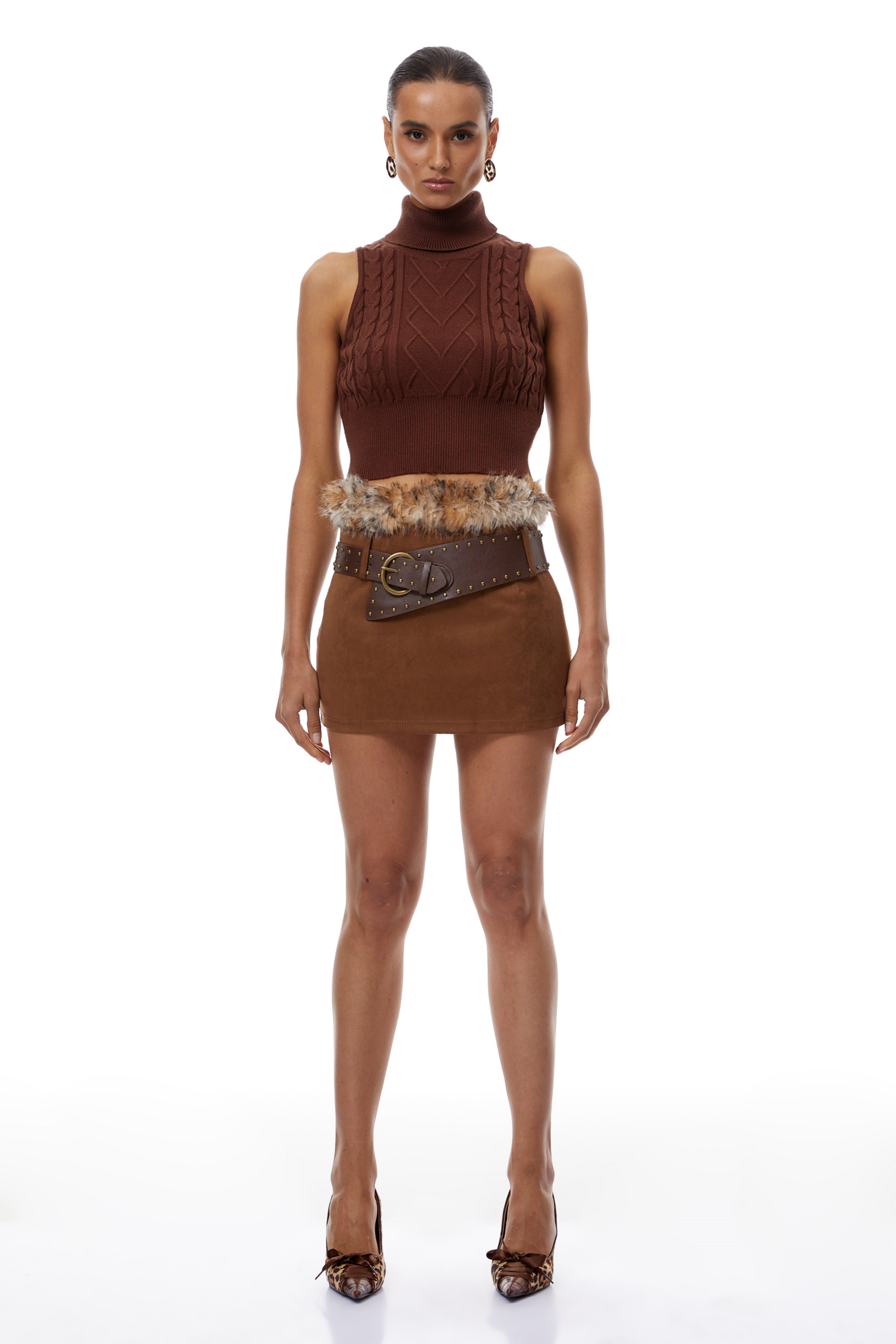 Daria Brown Knit Vest & Suede Skirt Set (Final Sale)