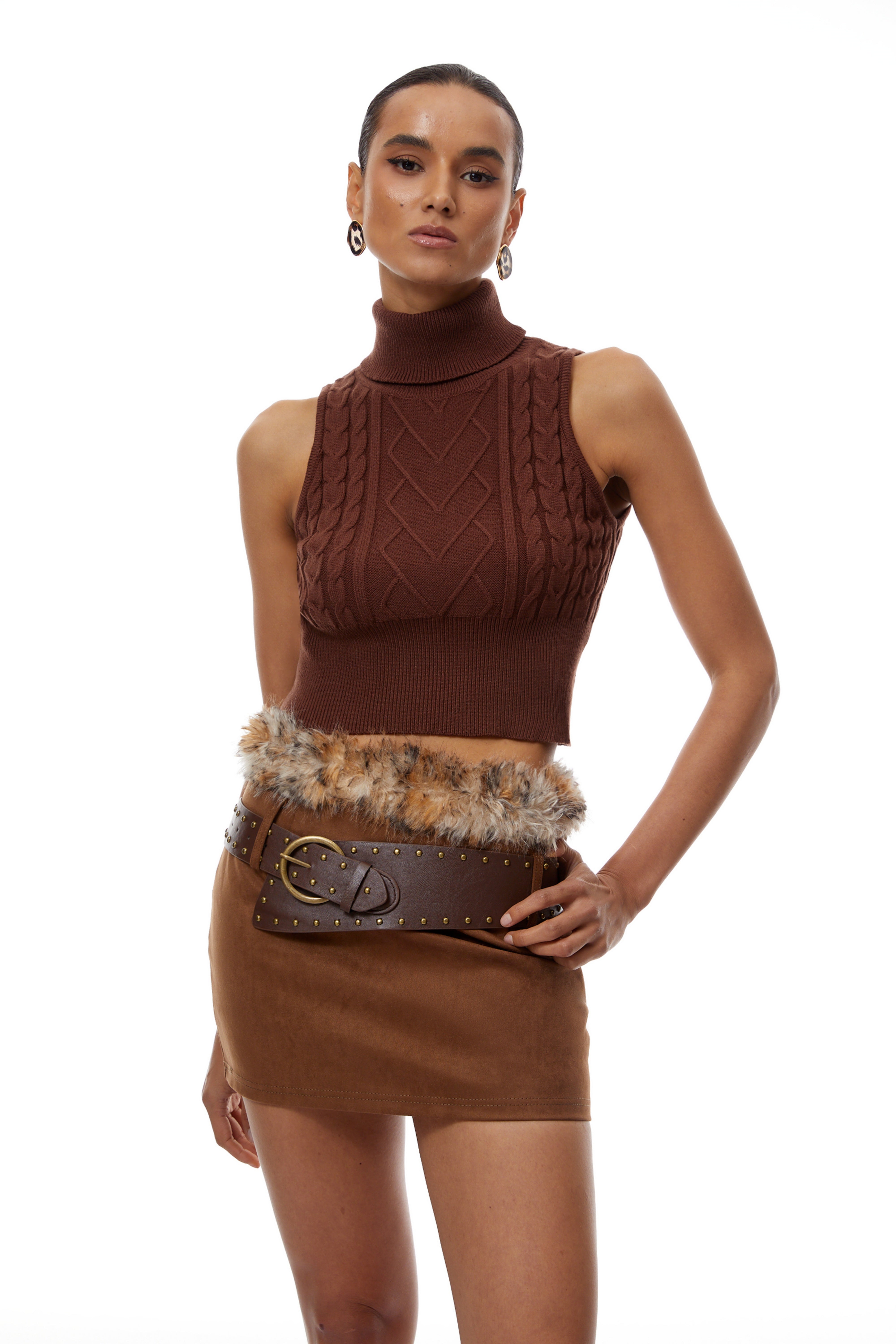 Daria Brown Knit Vest & Suede Skirt Set