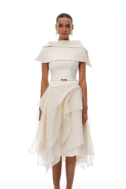 Aria White Asymmetrical Shawl & Tulle Panel Dress Set