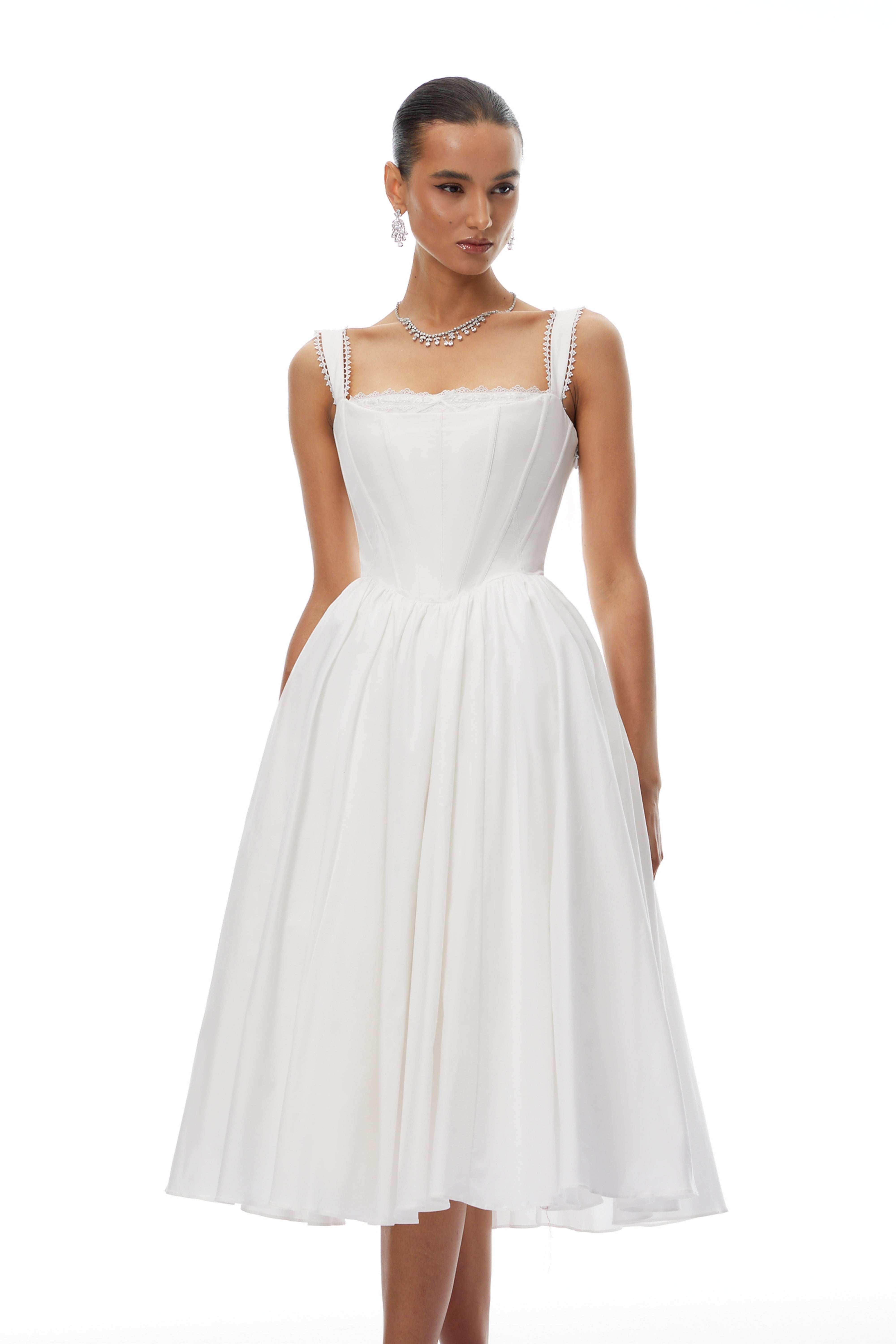 Béatrice White Lace Trim Corset Midi Dress