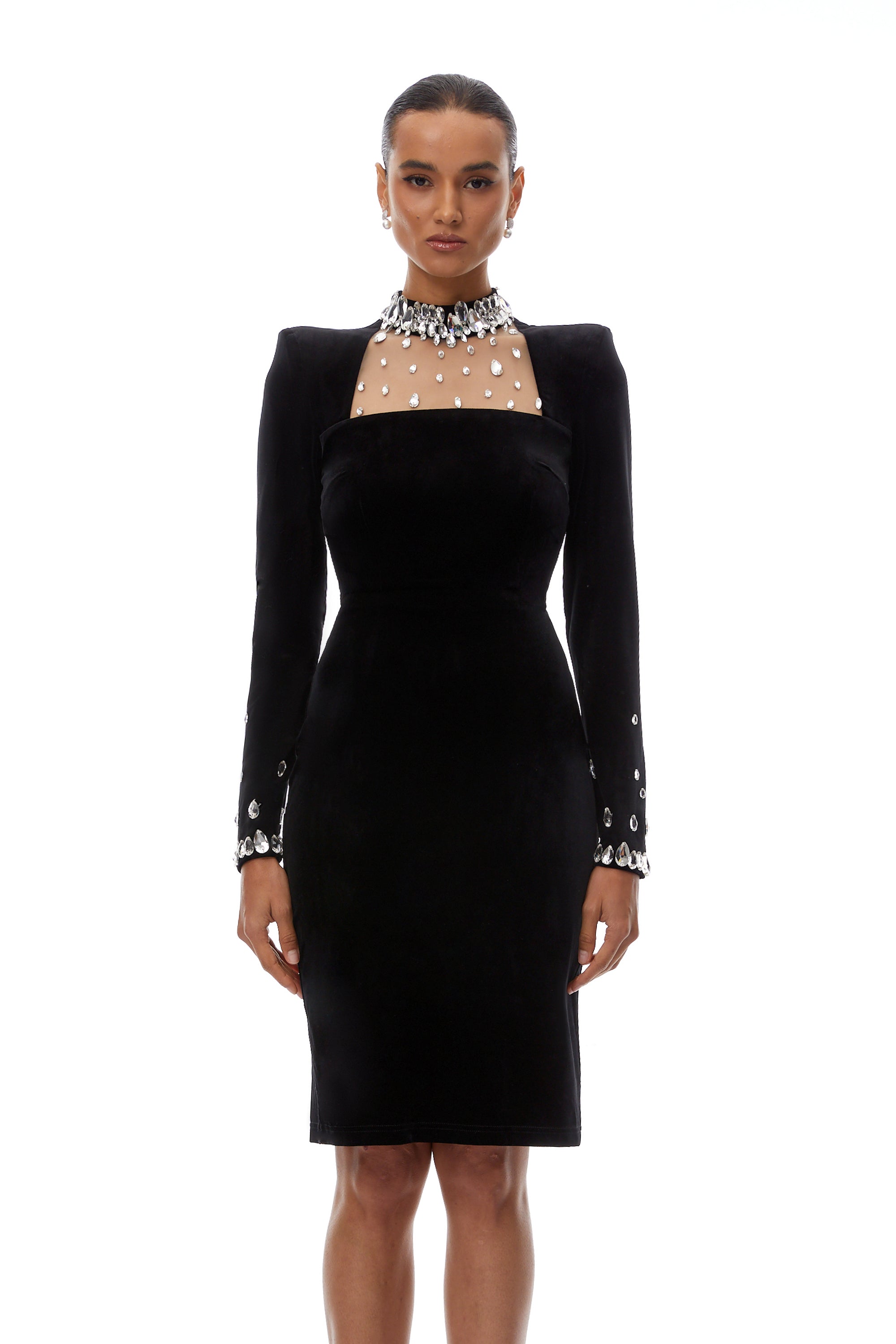Deirdre Black Crystal Embellished Velvet Midi Dress (Final Sale-US Only)