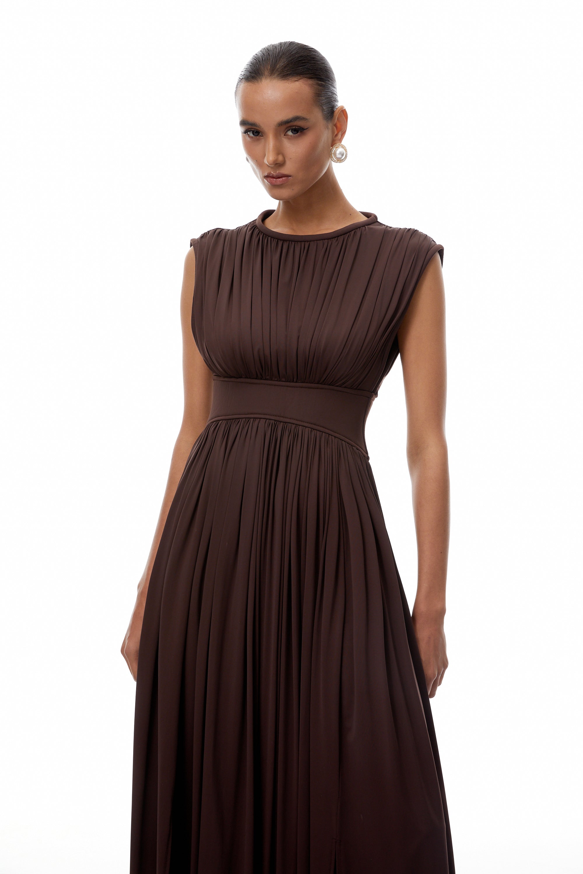 Floarea Brown Cinched Waist Maxi Dress