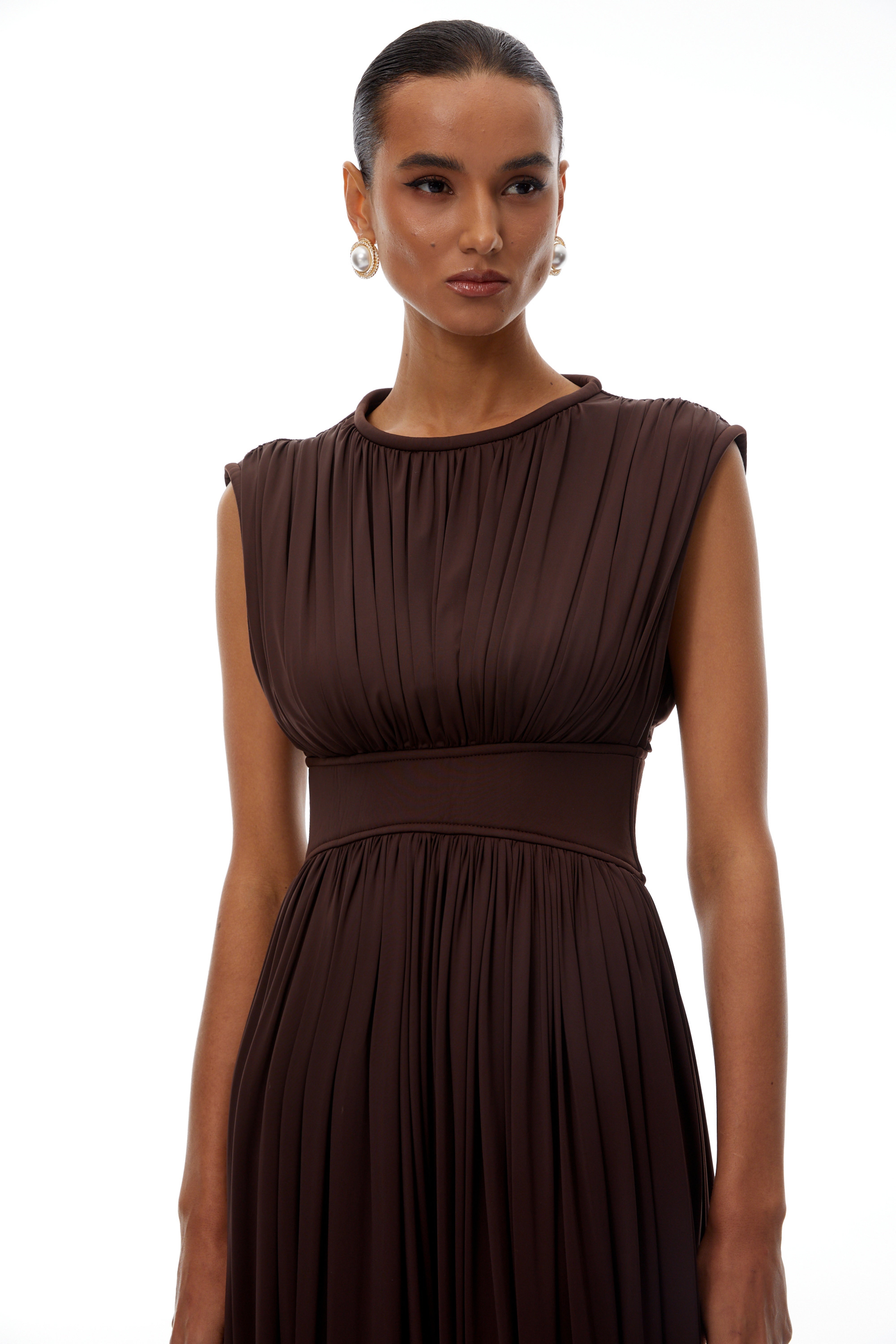 Floarea Brown Cinched Waist Maxi Dress