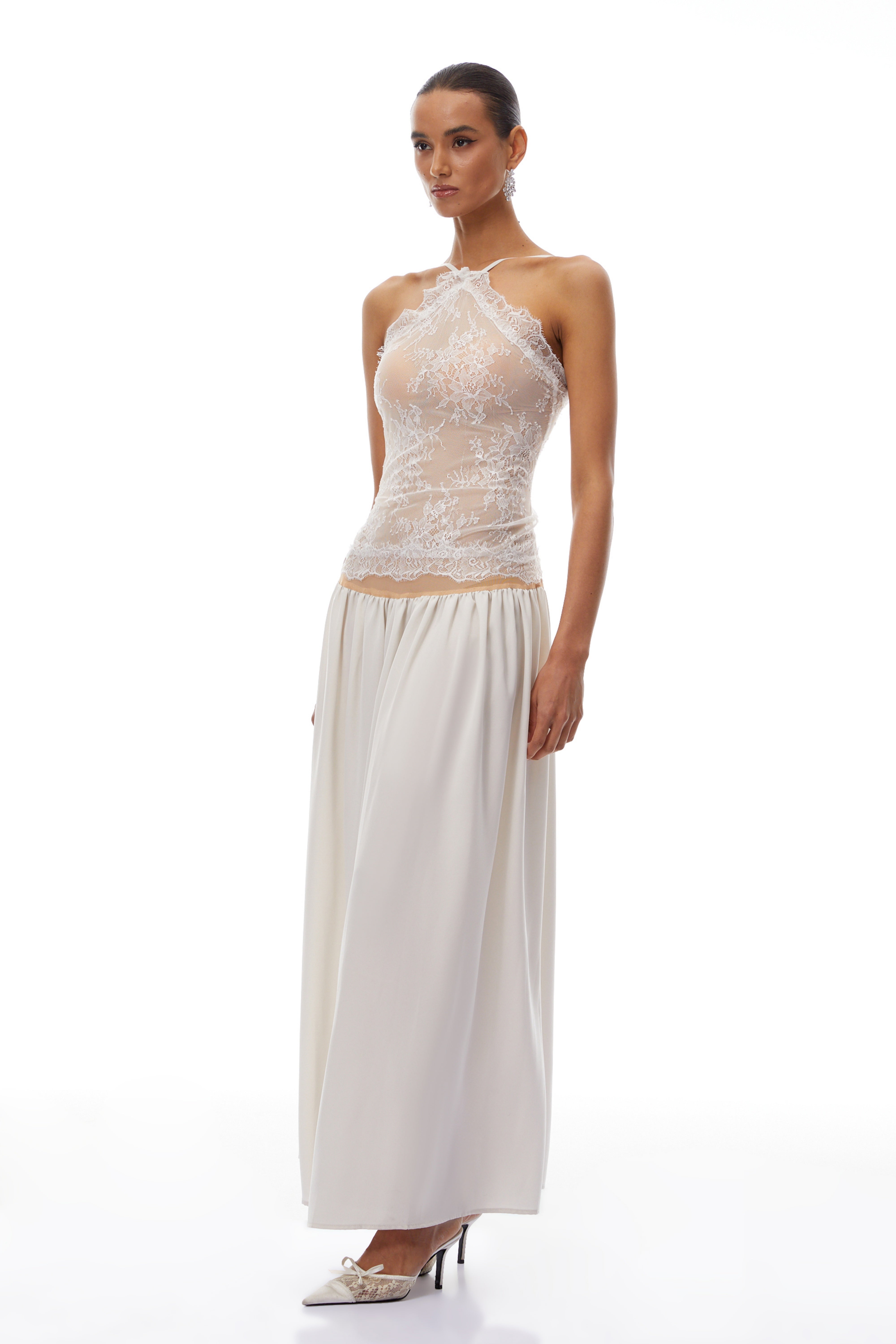 Reine White Pleated Maxi Dress with Lace Panels