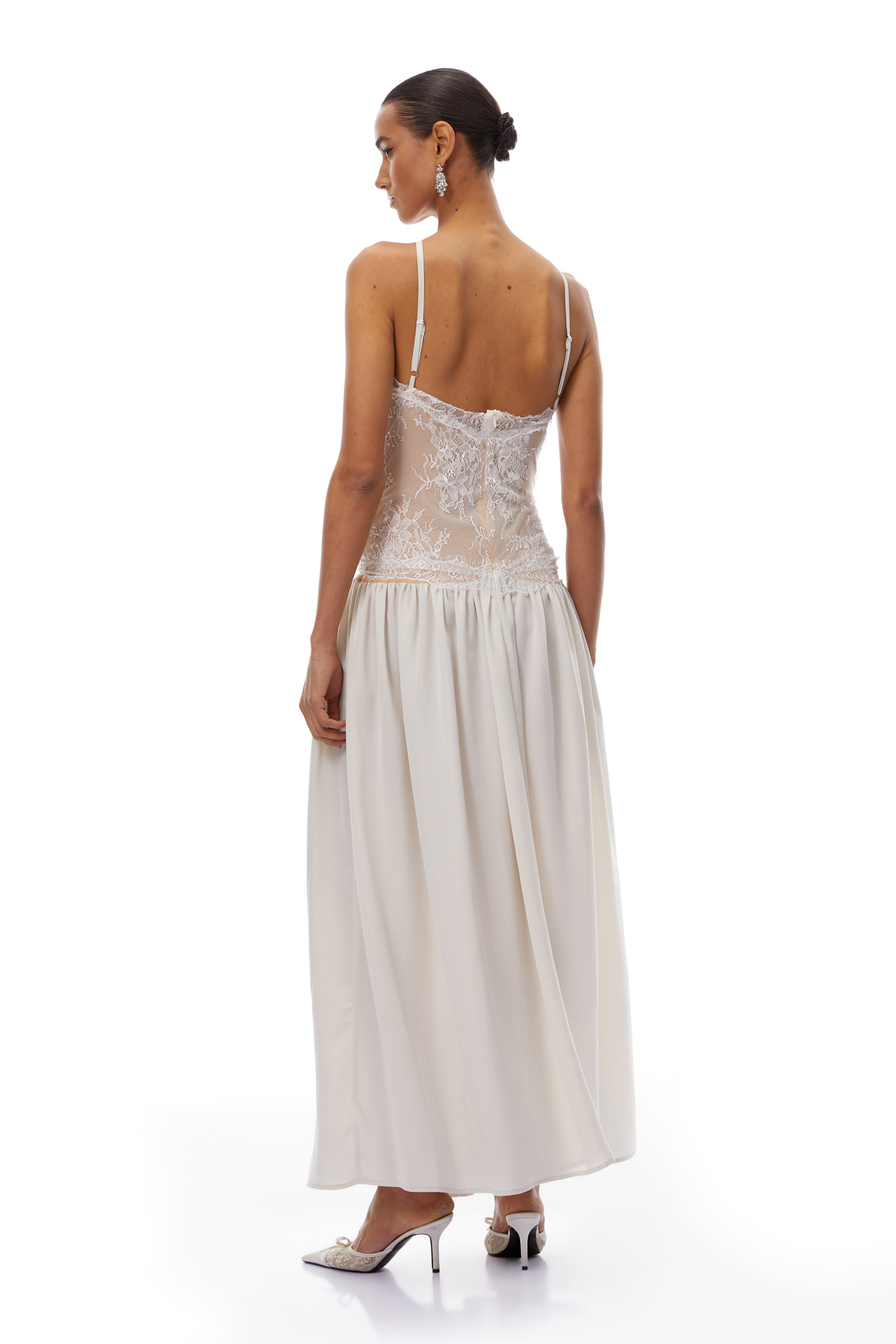 Reine White Pleated Maxi Dress with Lace Panels
