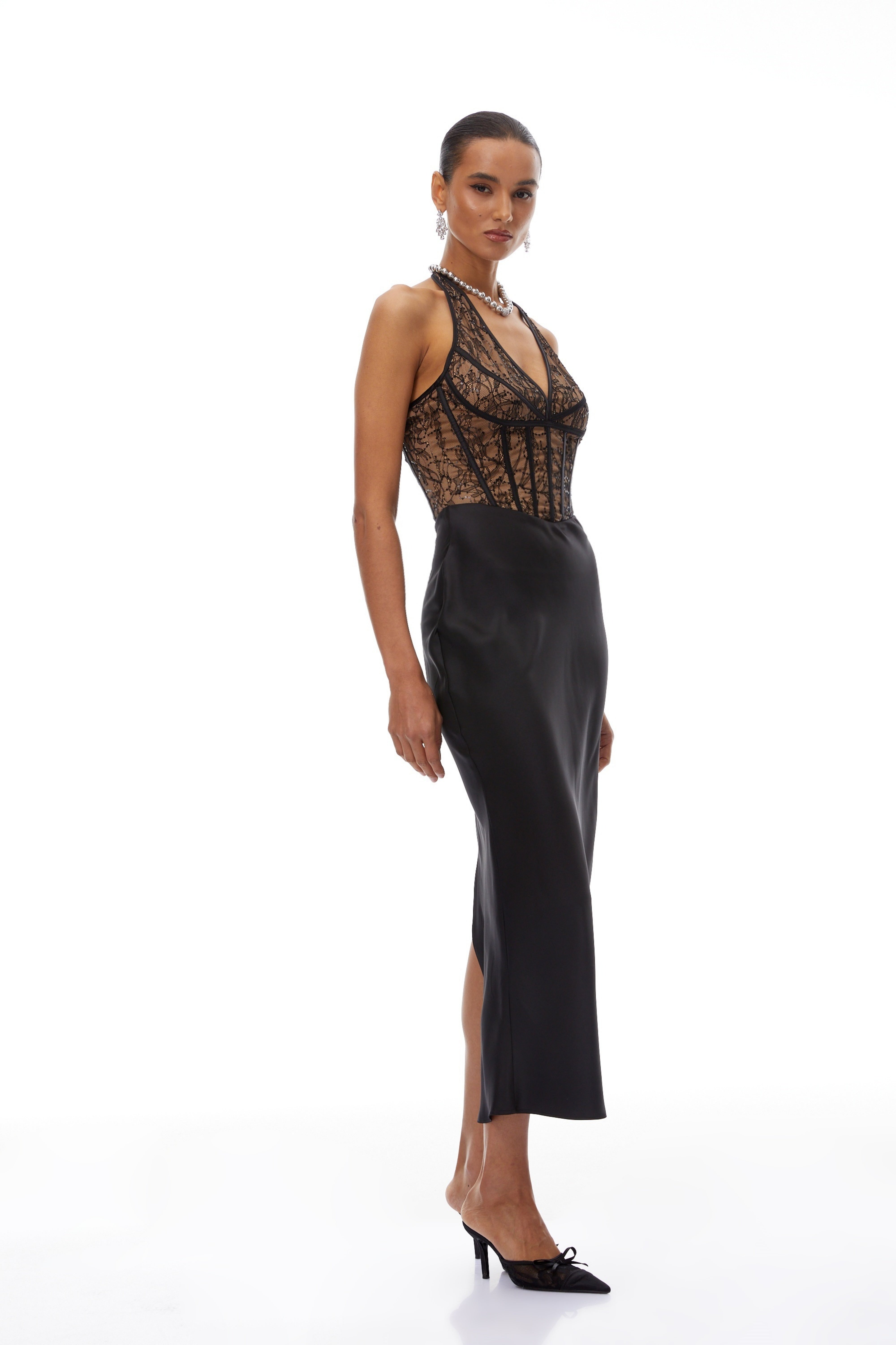 Lucie Black Lace Panel Satin Midi Dress (Final Sale-US Only)