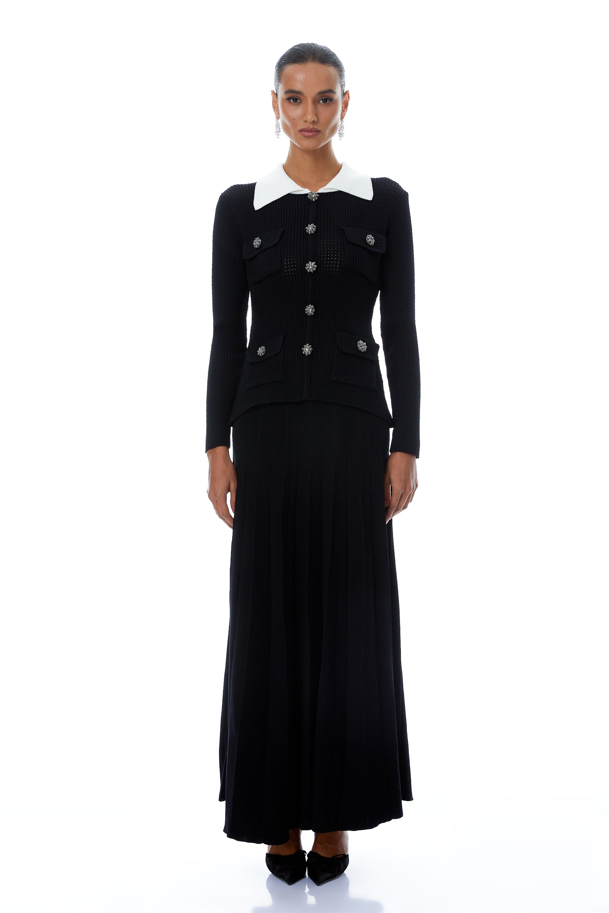 Esmée Black Embellished Pleated Knit Jacket & Skirt Set