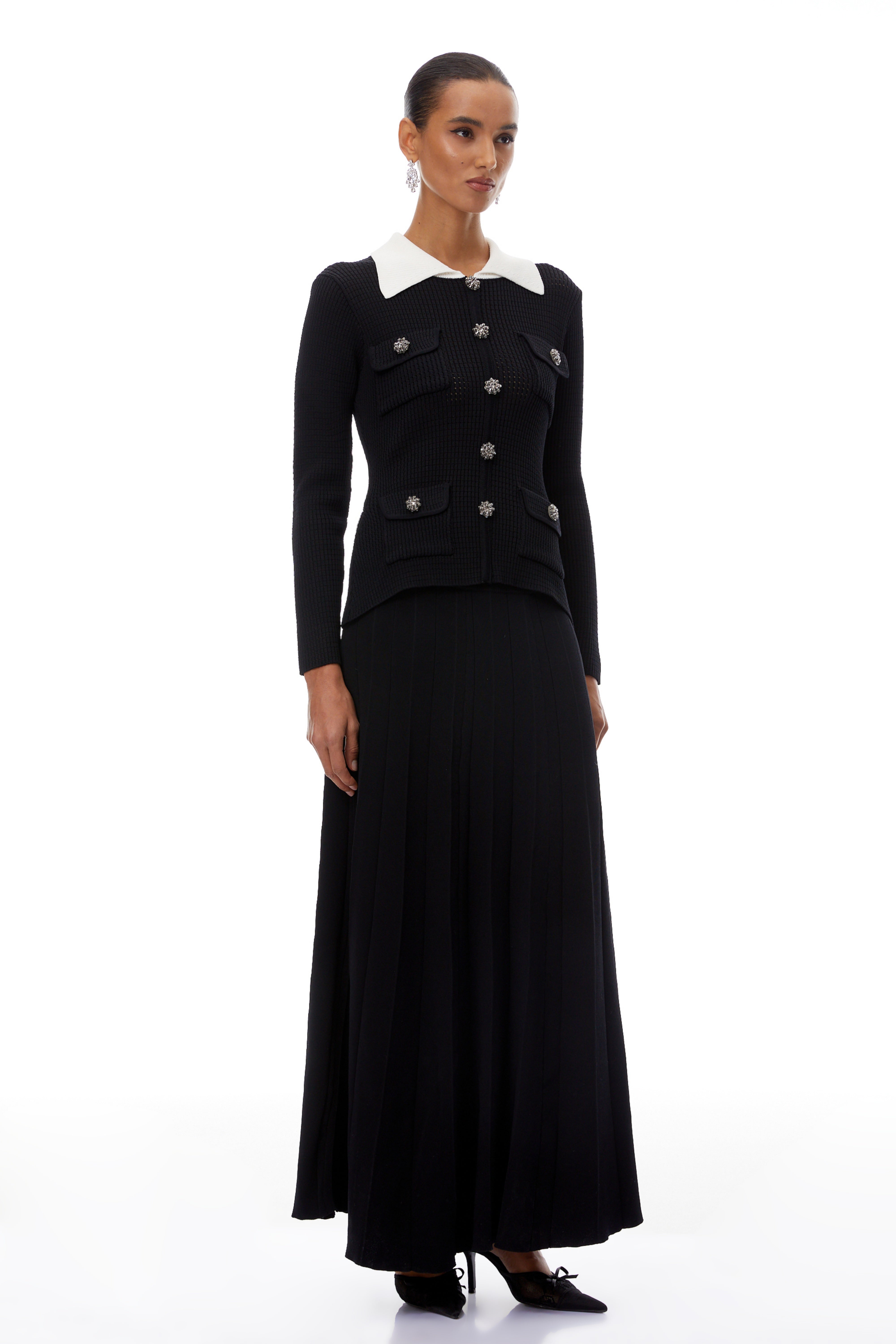 Esmée Black Embellished Pleated Knit Jacket & Skirt Set