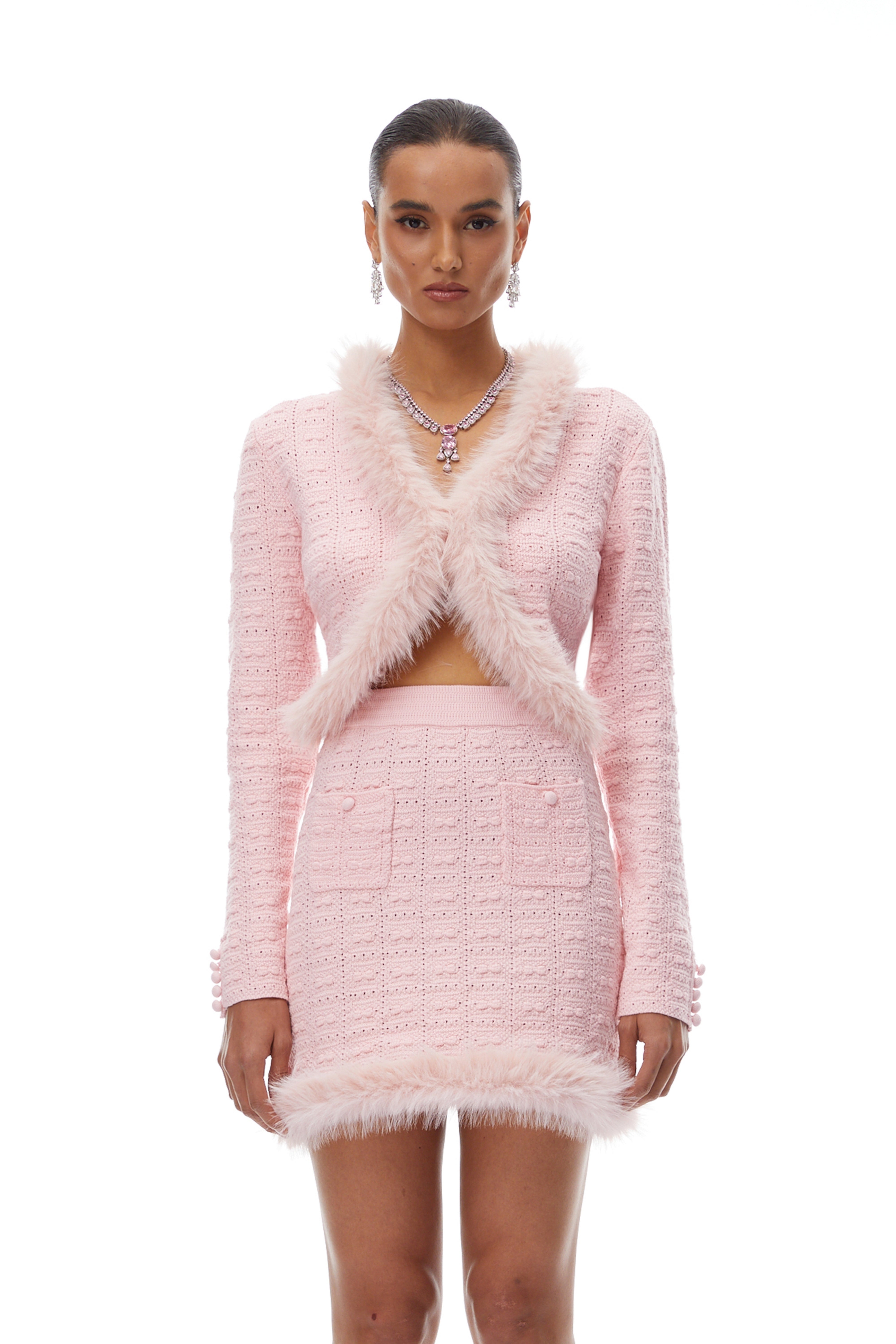 Alma Pink Fur Trim Knit Cardigan & Skirt Set (Final Sale-US Only)