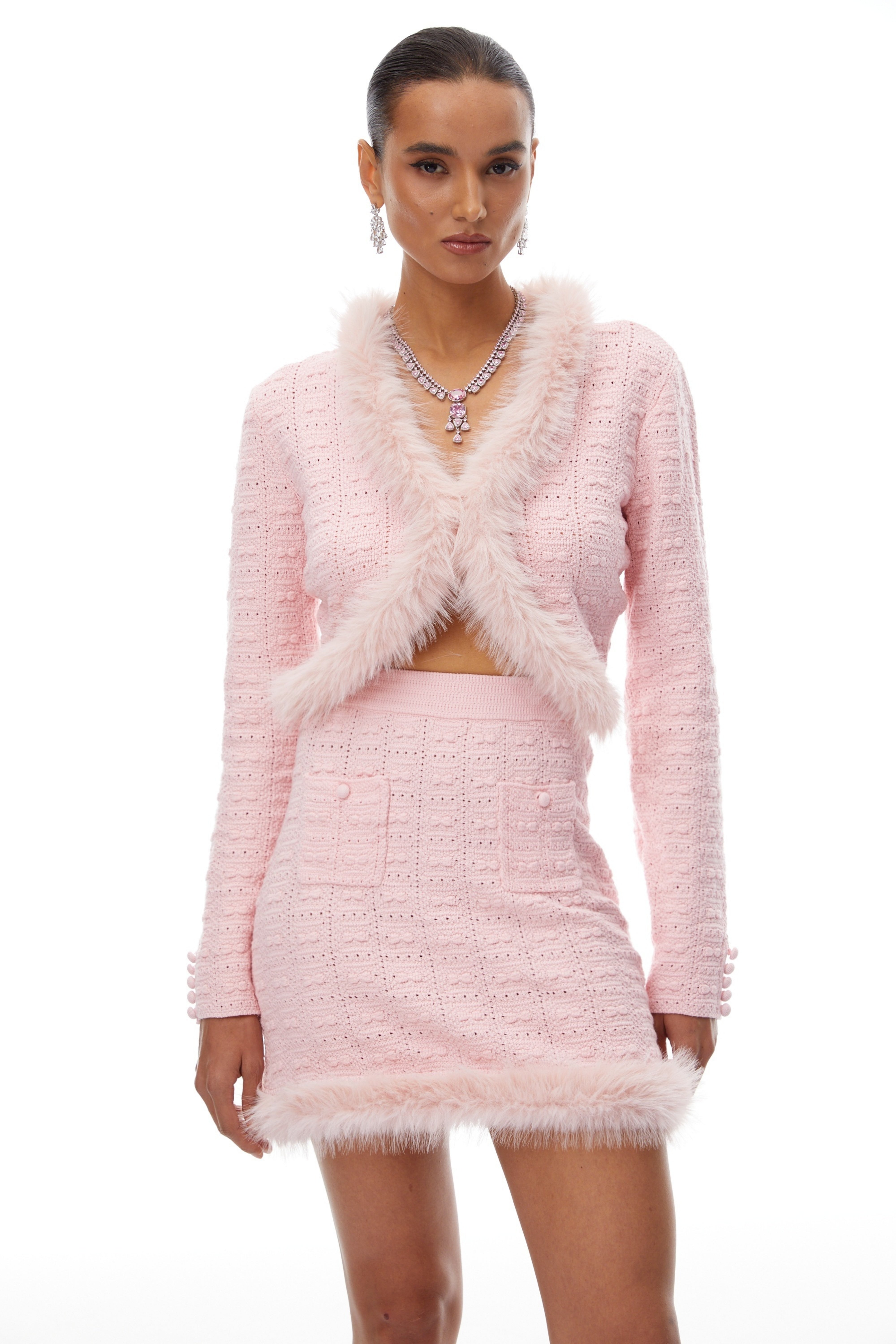 Alma Pink Fur Trim Knit Cardigan & Skirt Set