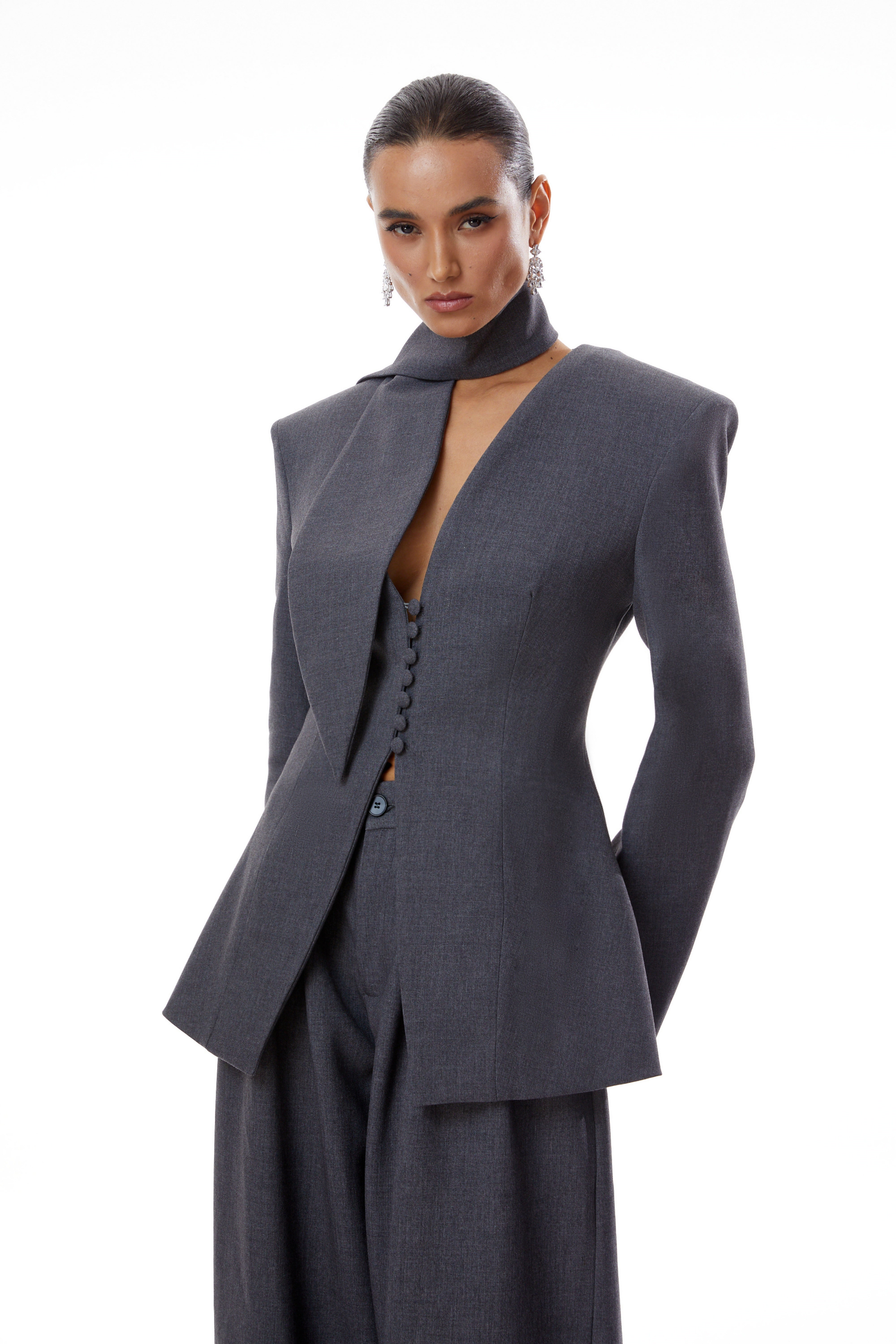 Neve Grey V-Neck Tailored Blazer