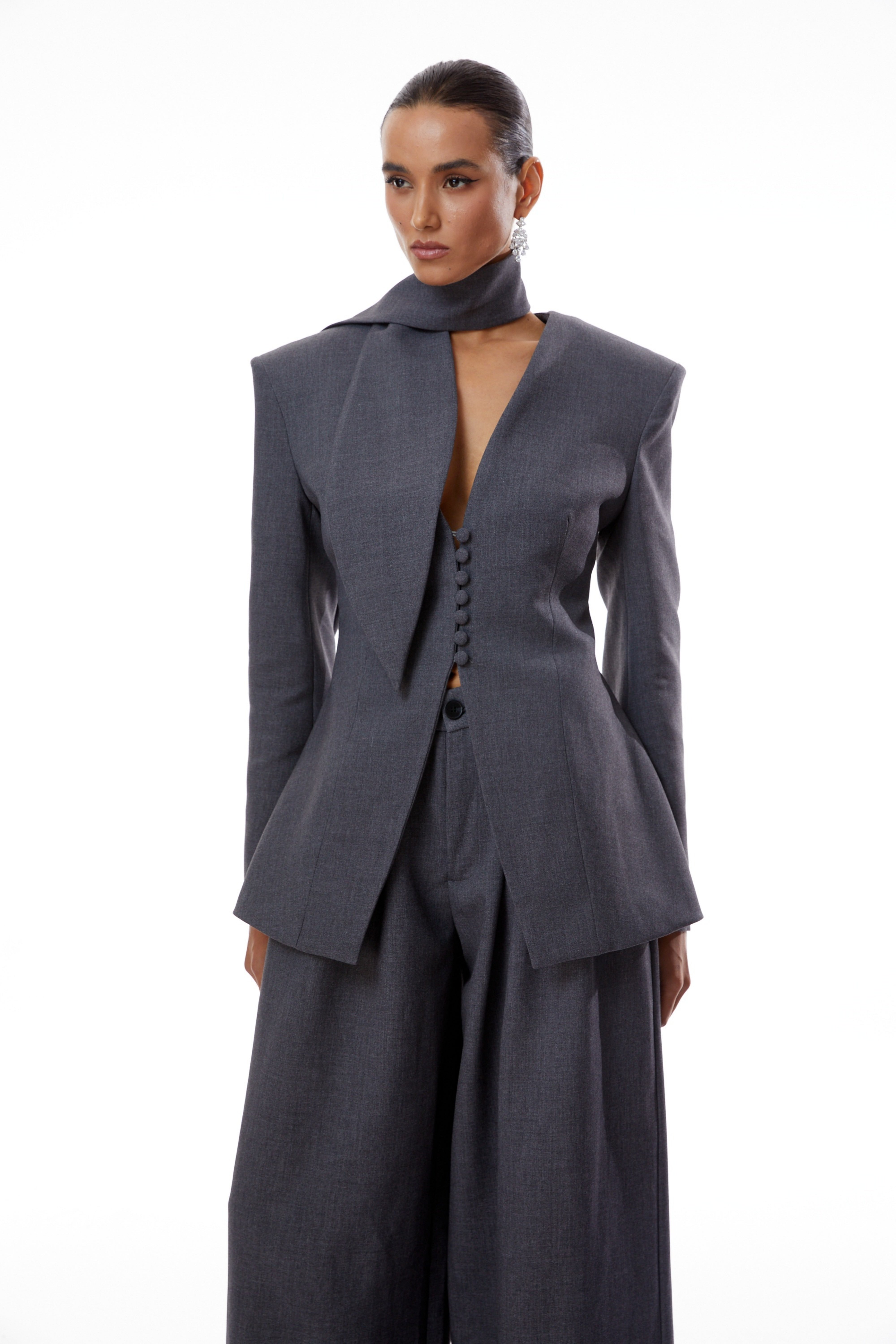Neve Grey V-Neck Tailored Blazer
