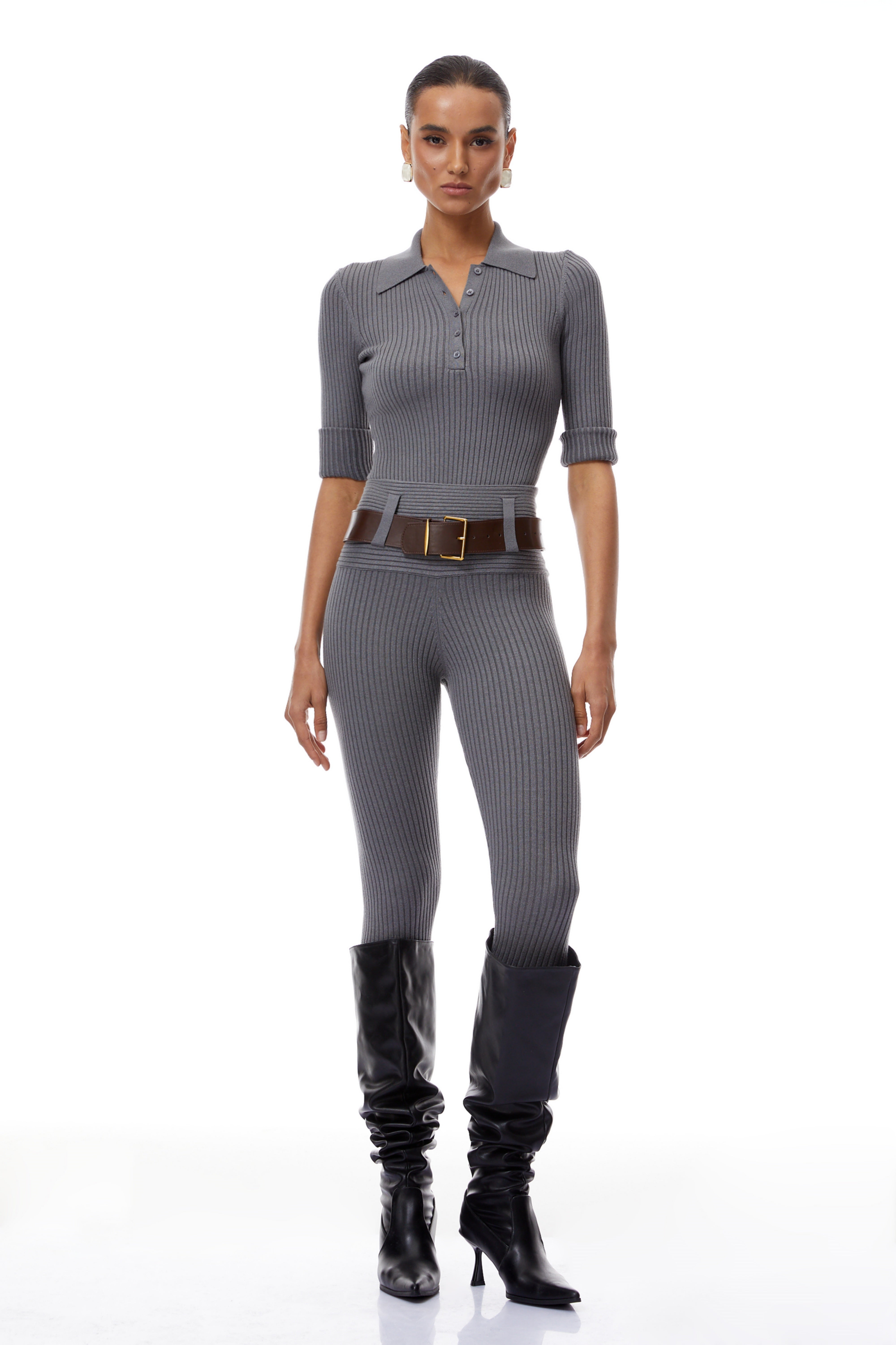 Claire Grey Ribbed Knit Bodysuit & Trousers Set