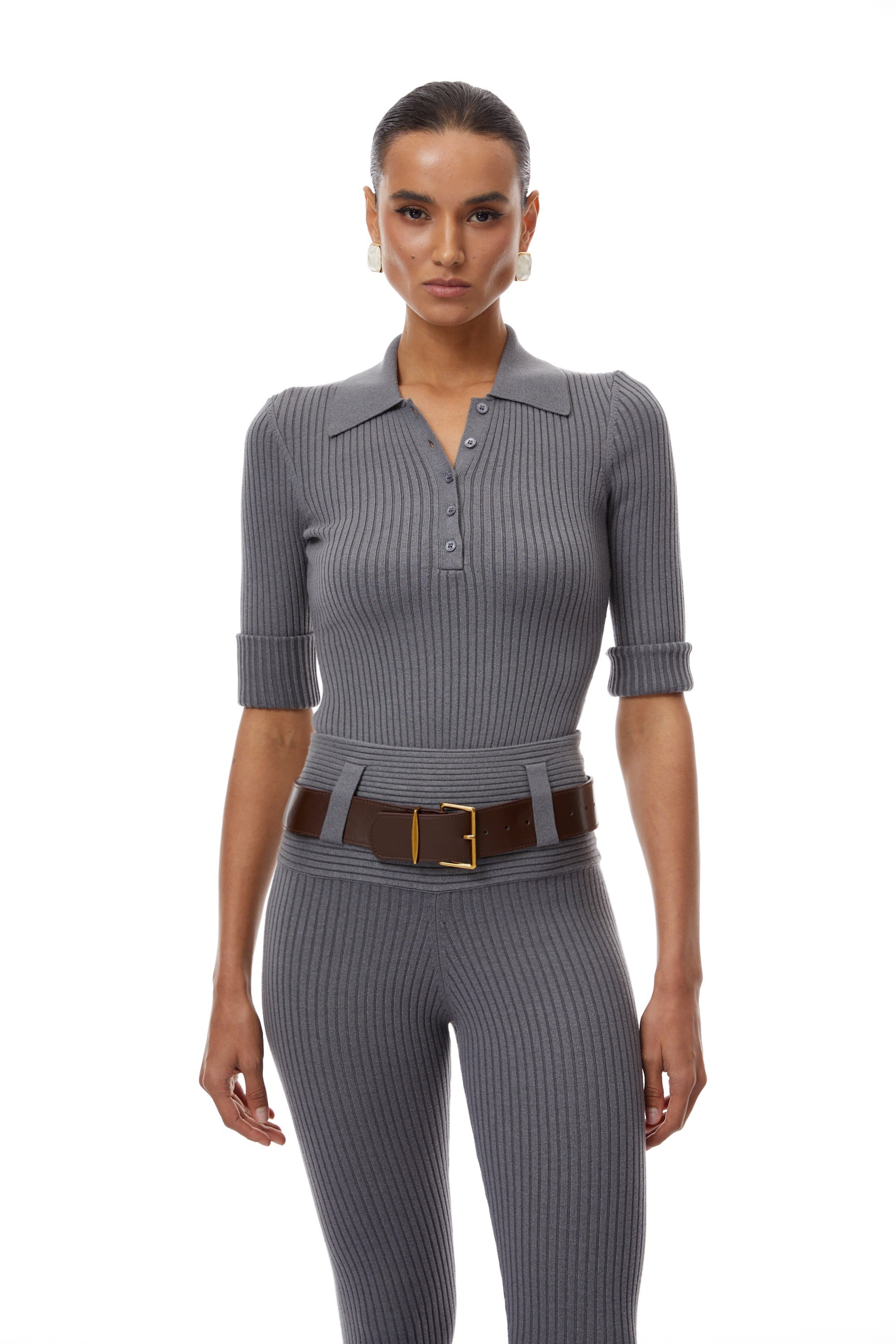 Claire Grey Ribbed Knit Bodysuit & Trousers Set