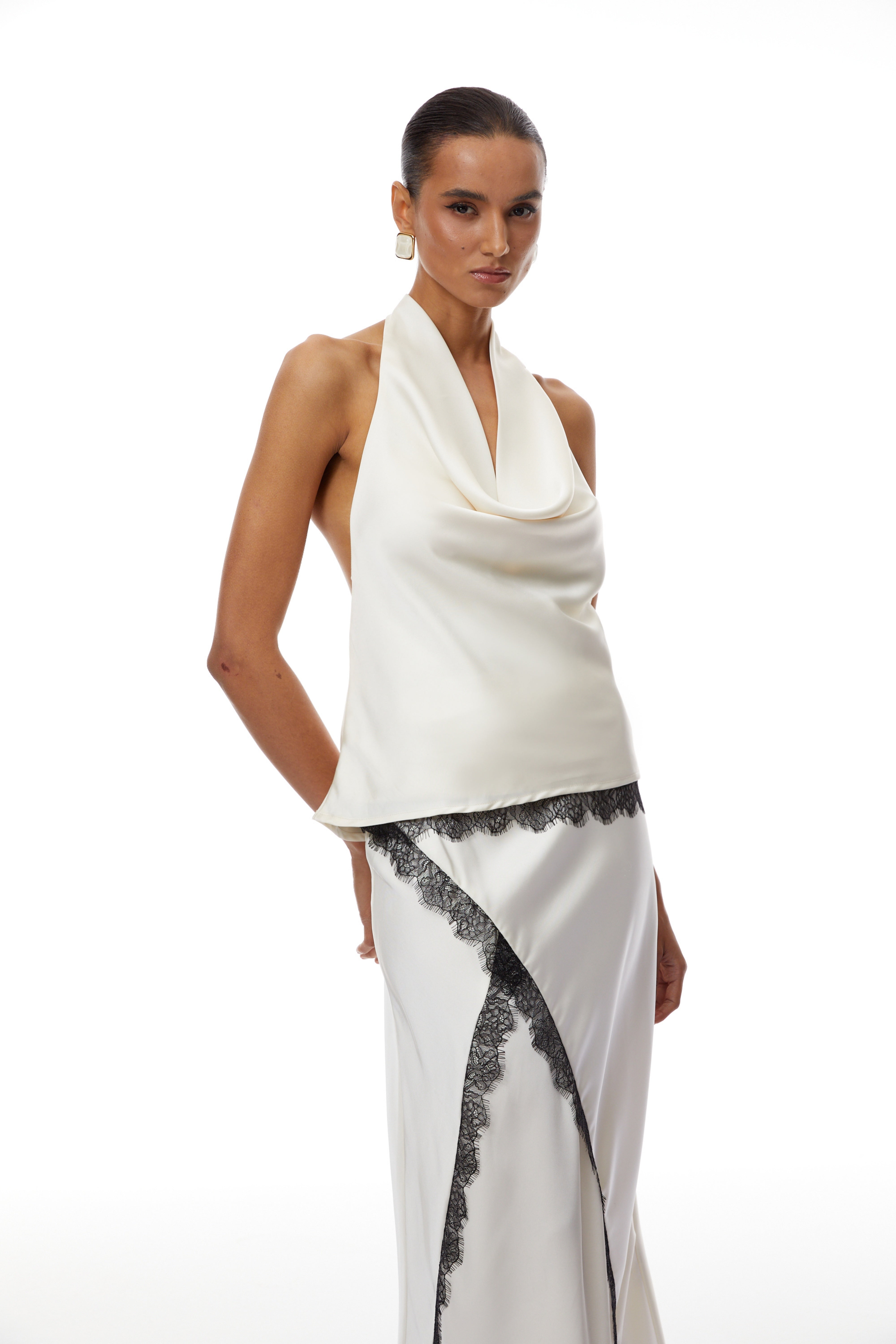 Frida White Satin Co-ord Set with Lace Trim