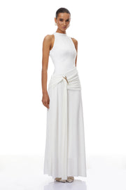 Klara White Ruched Ribbon Textured Maxi Dress