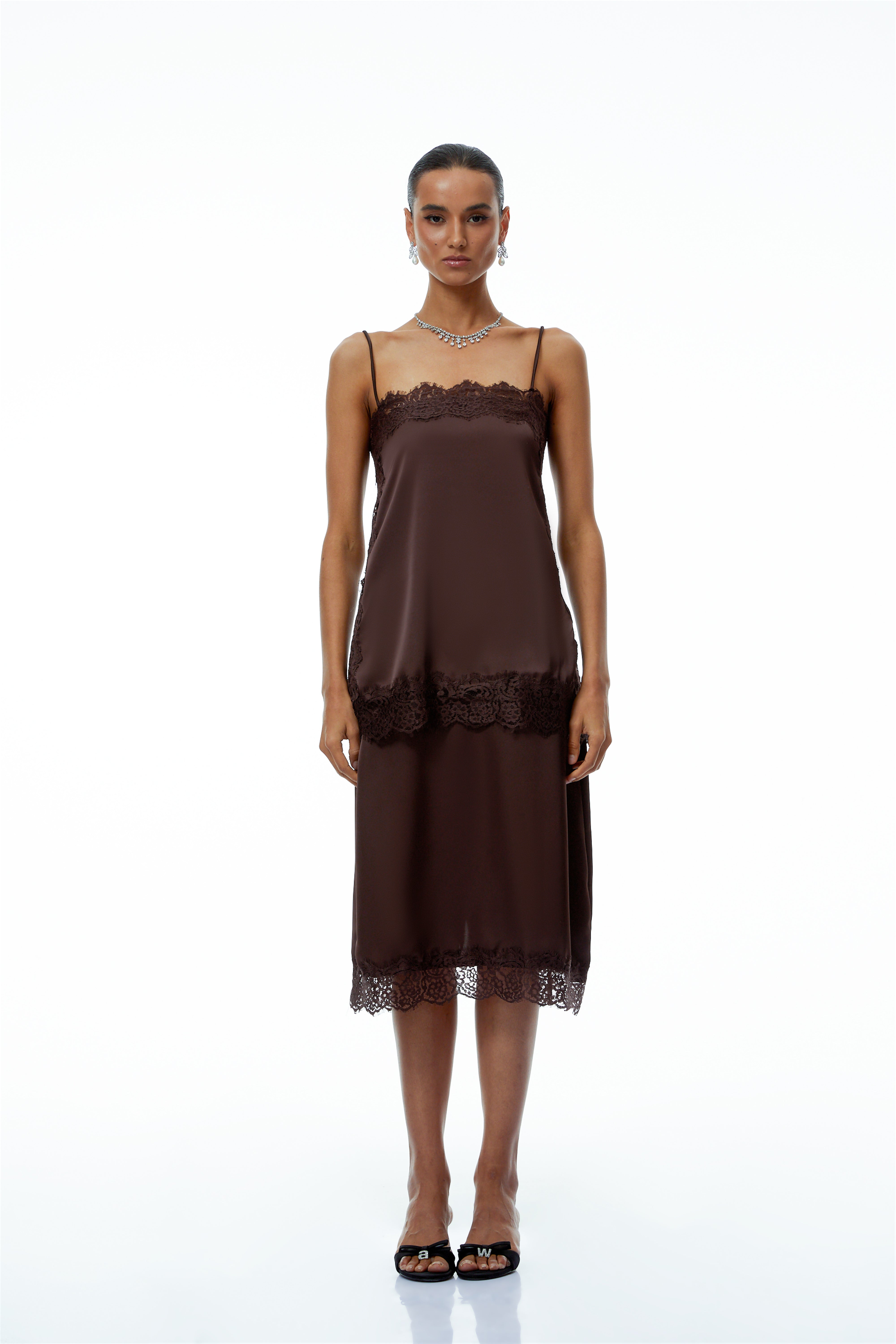 Ingrid Brown Lace Trim Satin Top & Skirt Set