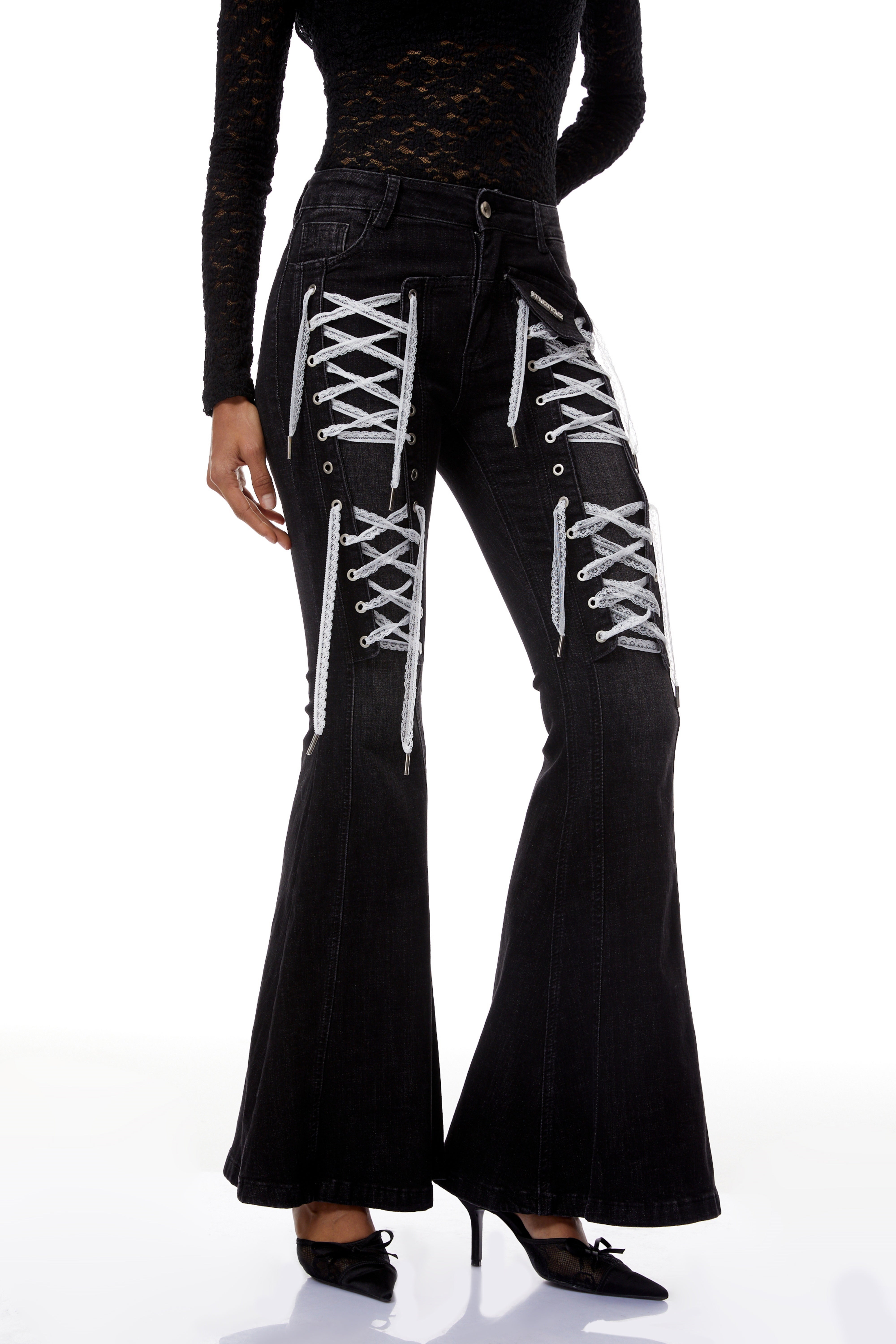 Fina Black Lace-up Detail Flared Jeans
