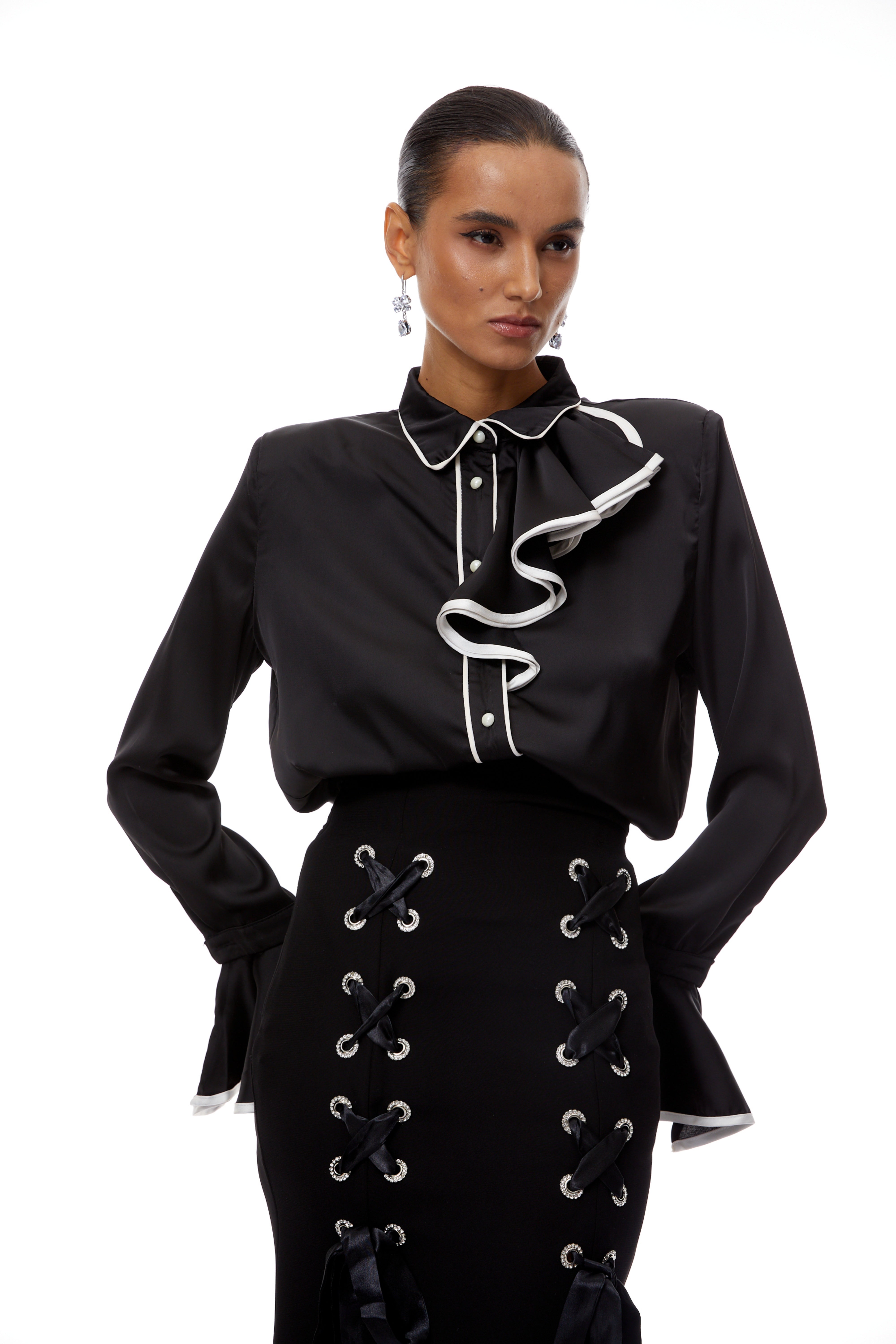 Cornelia Black Ruffled Blouse & Lace Up Skirt Set