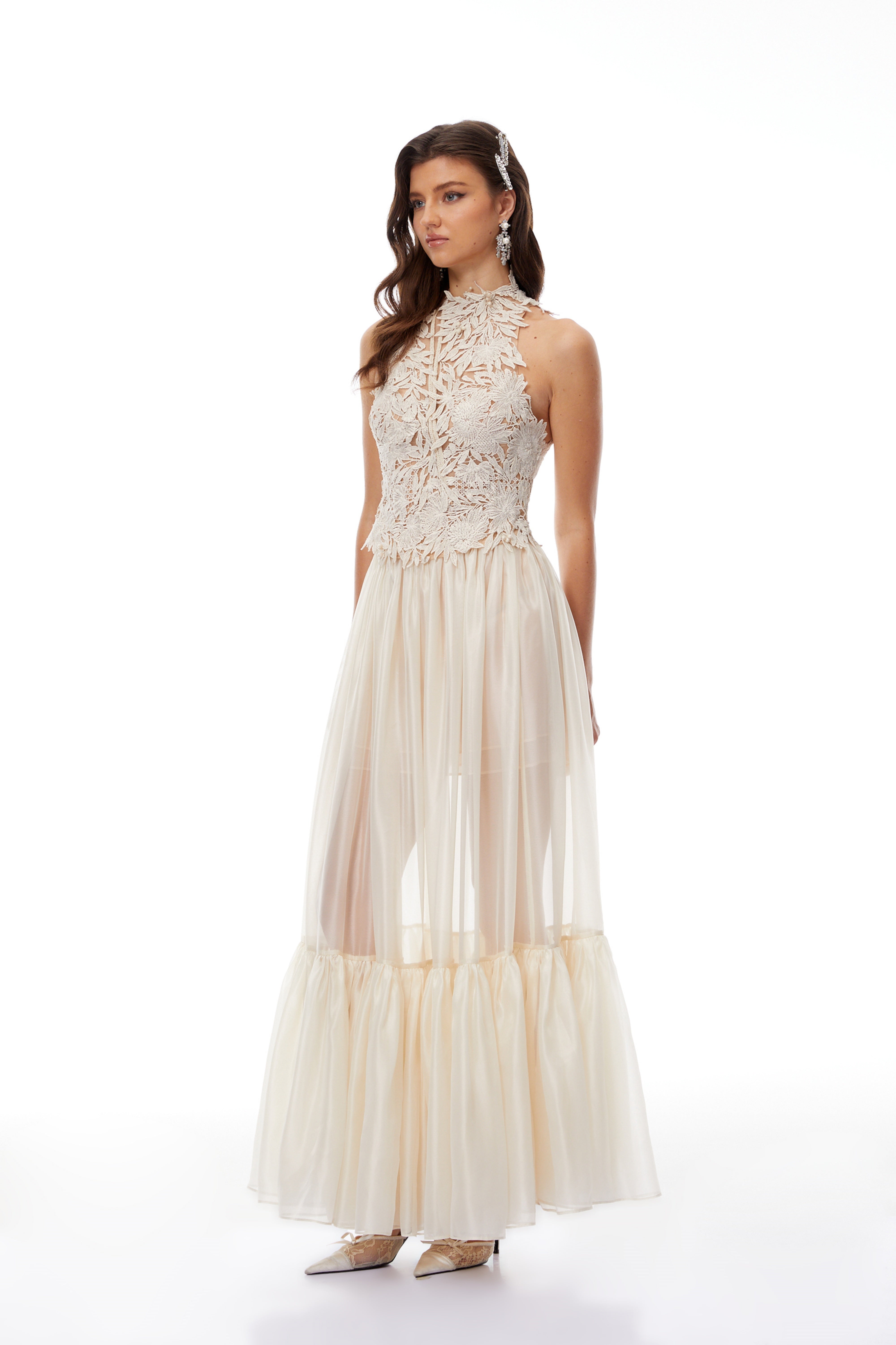 Nevaeh Cream Floral Crochet Top & Tiered Skirt Set