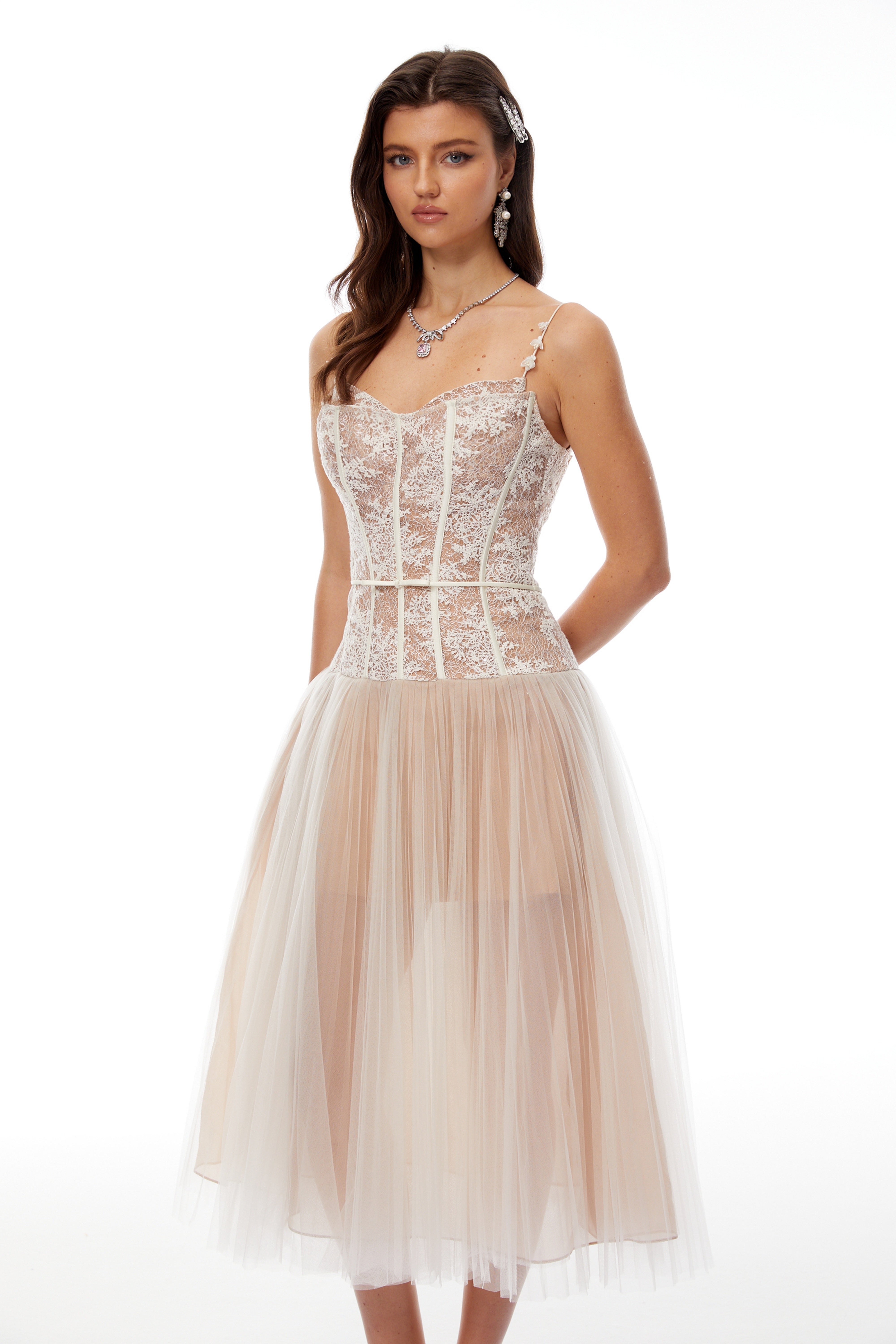 Mira Neutrals Lace Panel Tulle Midi Dress (Final Sale-US Only)