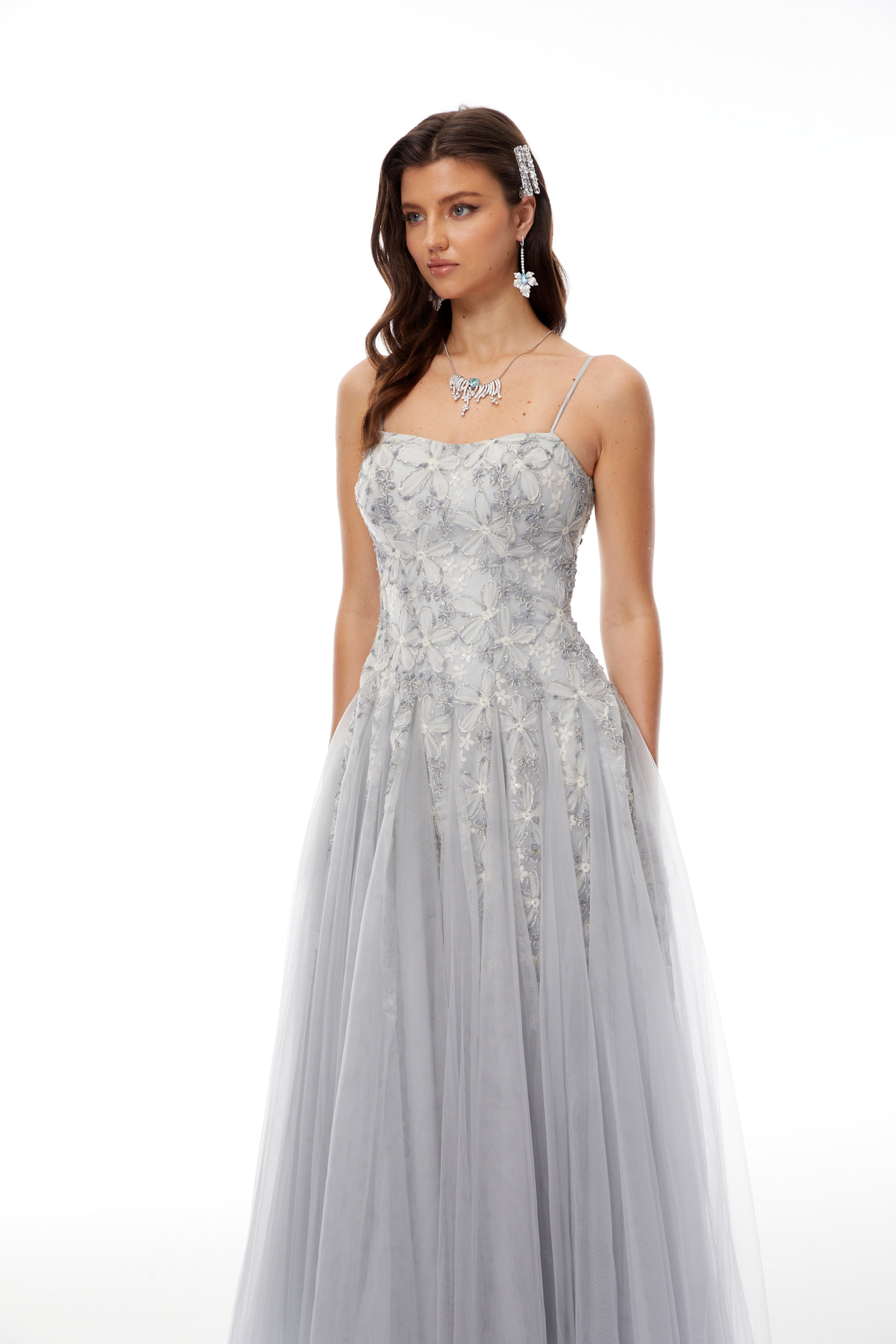 Adalynn Blue Floral Embroidered Tulle Maxi Dress