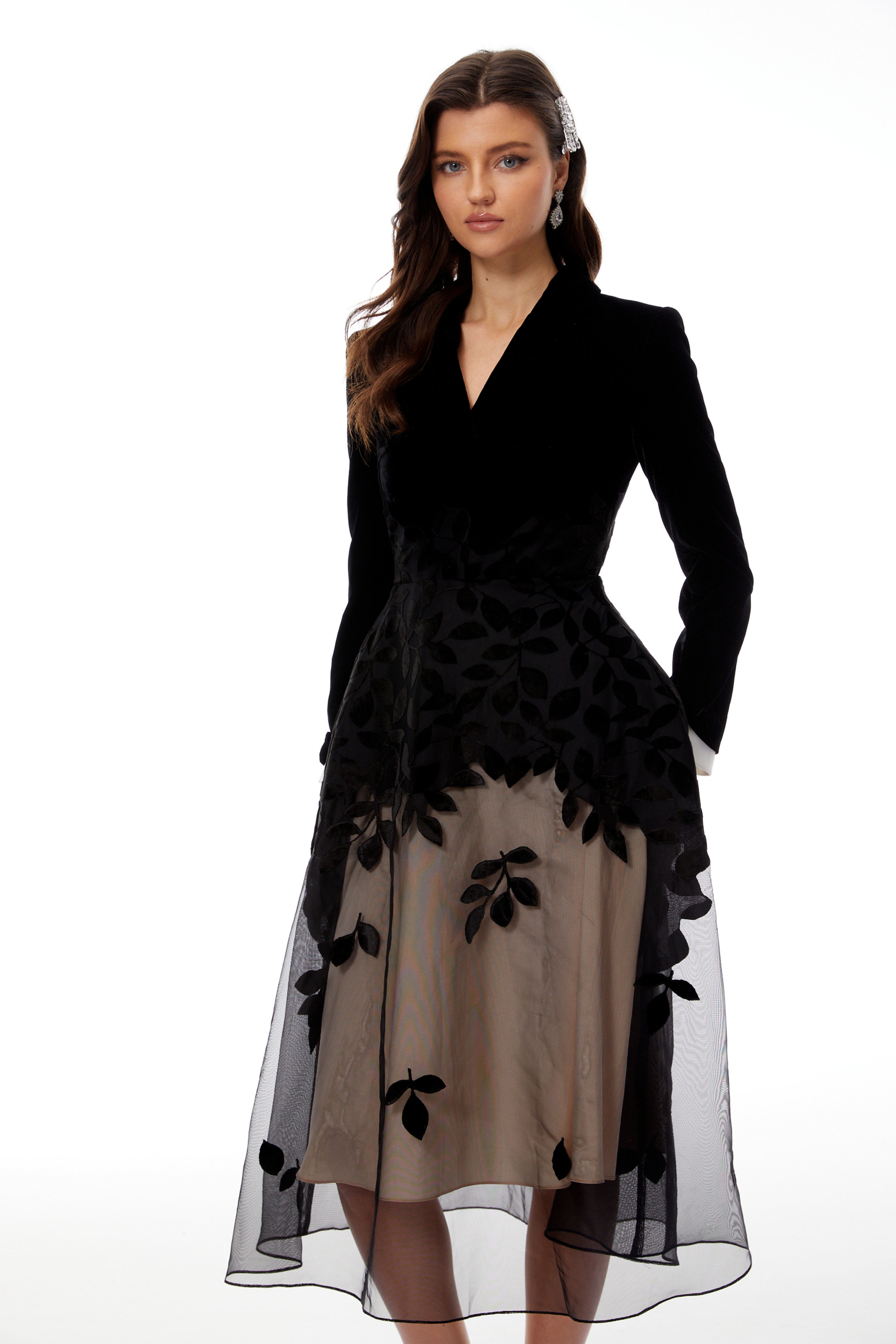 Brielle Black Leaf Embroidered Velvet Midi Dress (Final Sale-US Only)