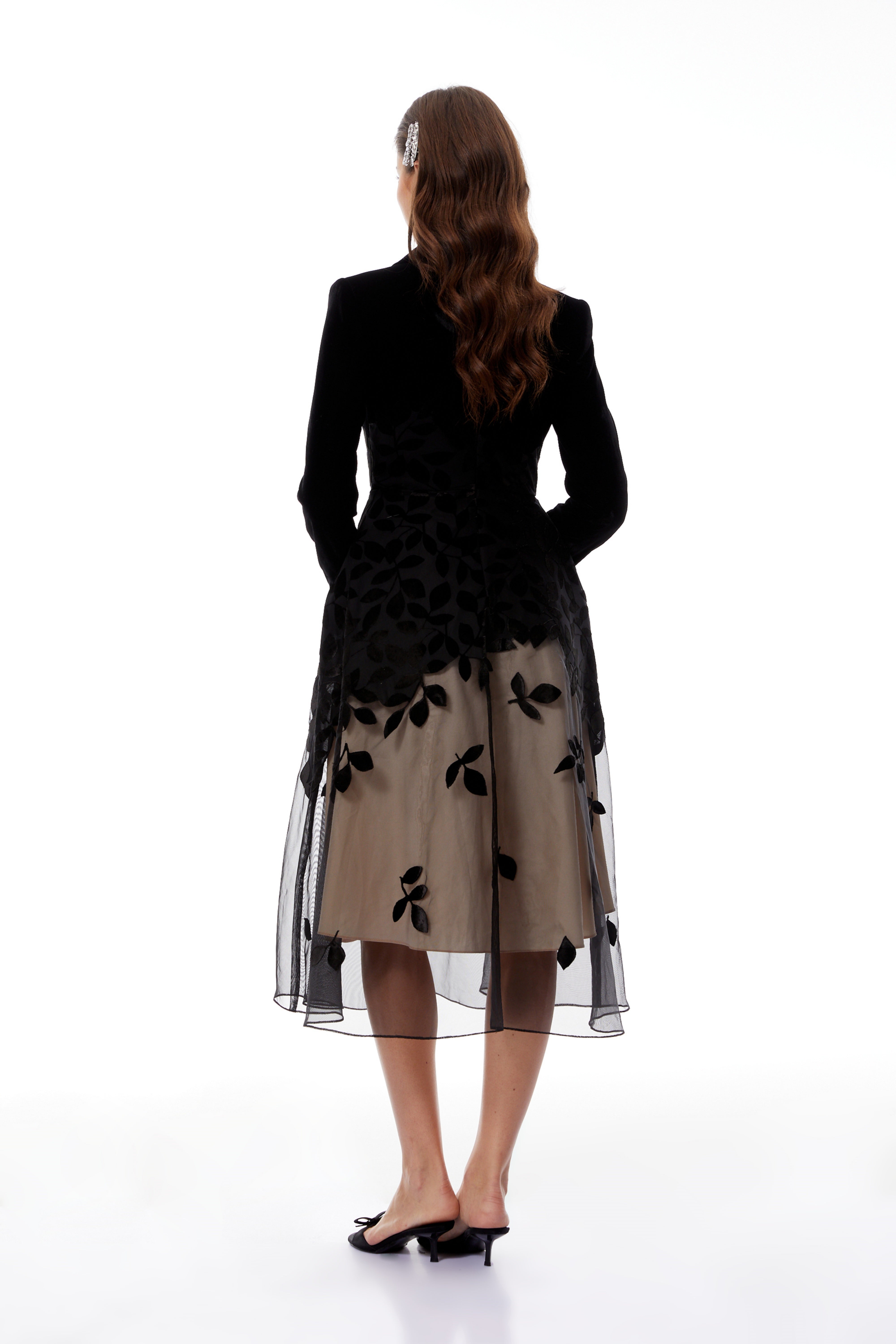 Brielle Black Leaf Embroidered Velvet Midi Dress (Final Sale-US Only)