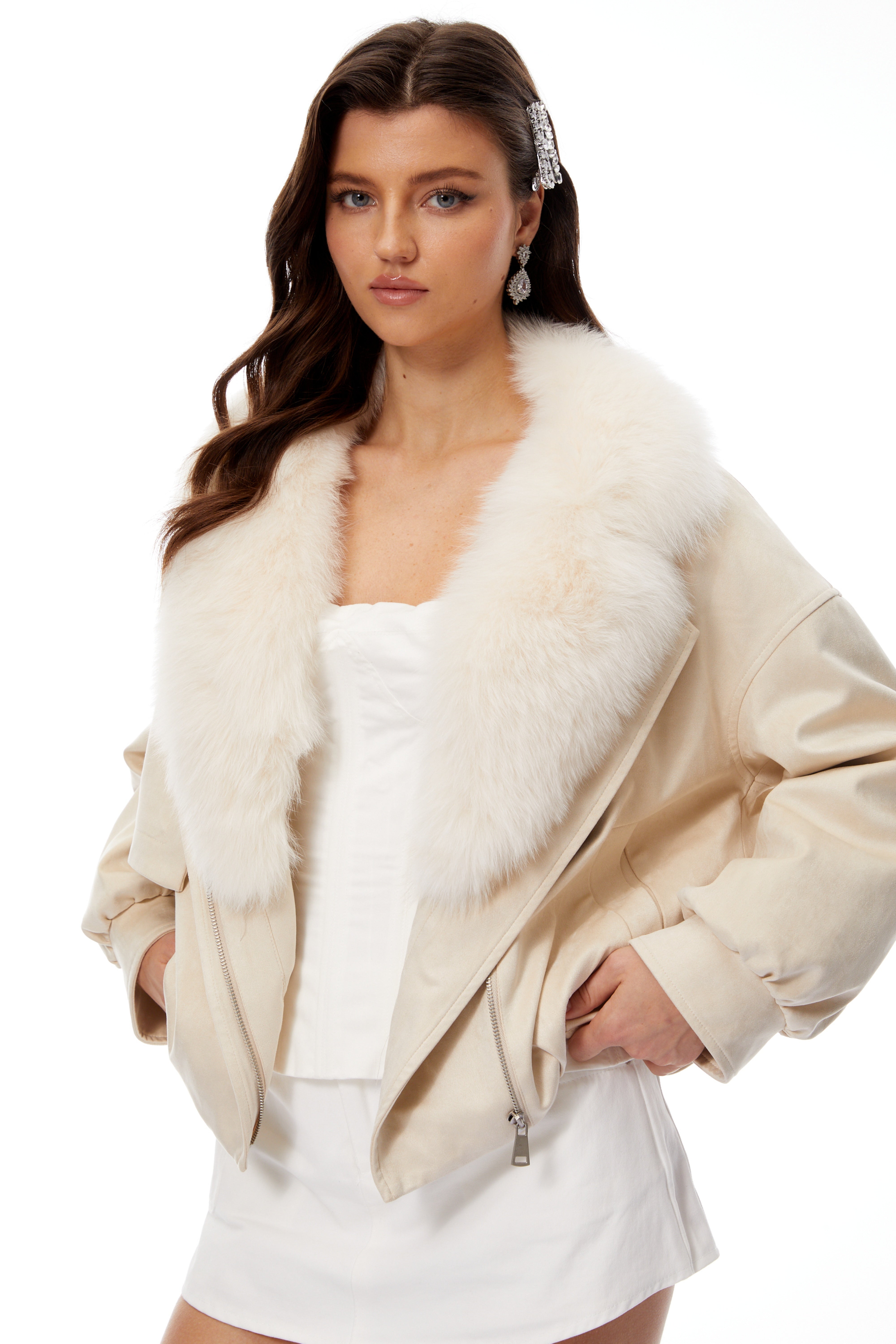 Valeria White Fur Lapel Suede Biker Jacket