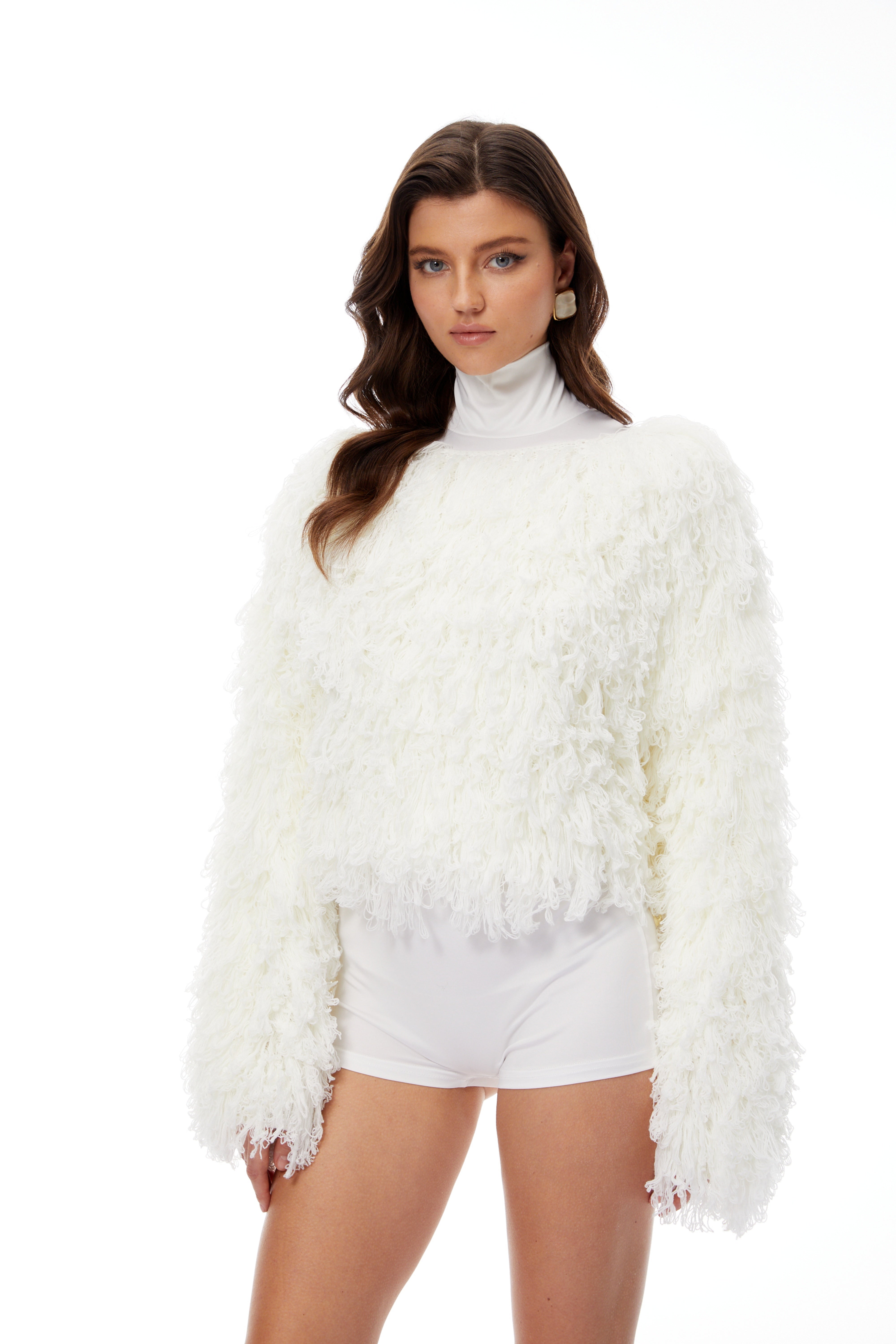 Veronica White Fringed Blouse & Mock Neck Playsuit Set