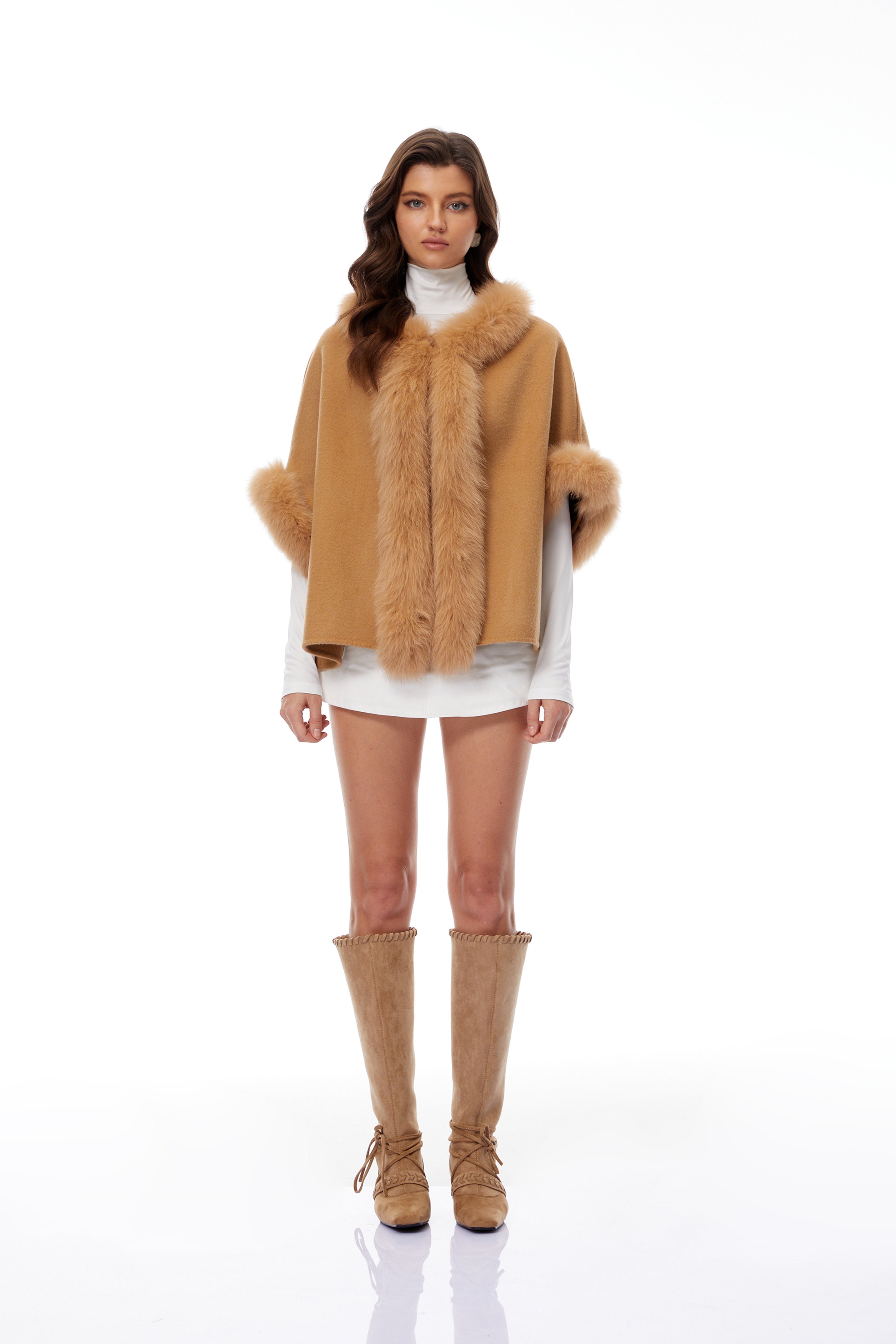 Everleigh Light Brown Fur Panel Wool Cape Coat