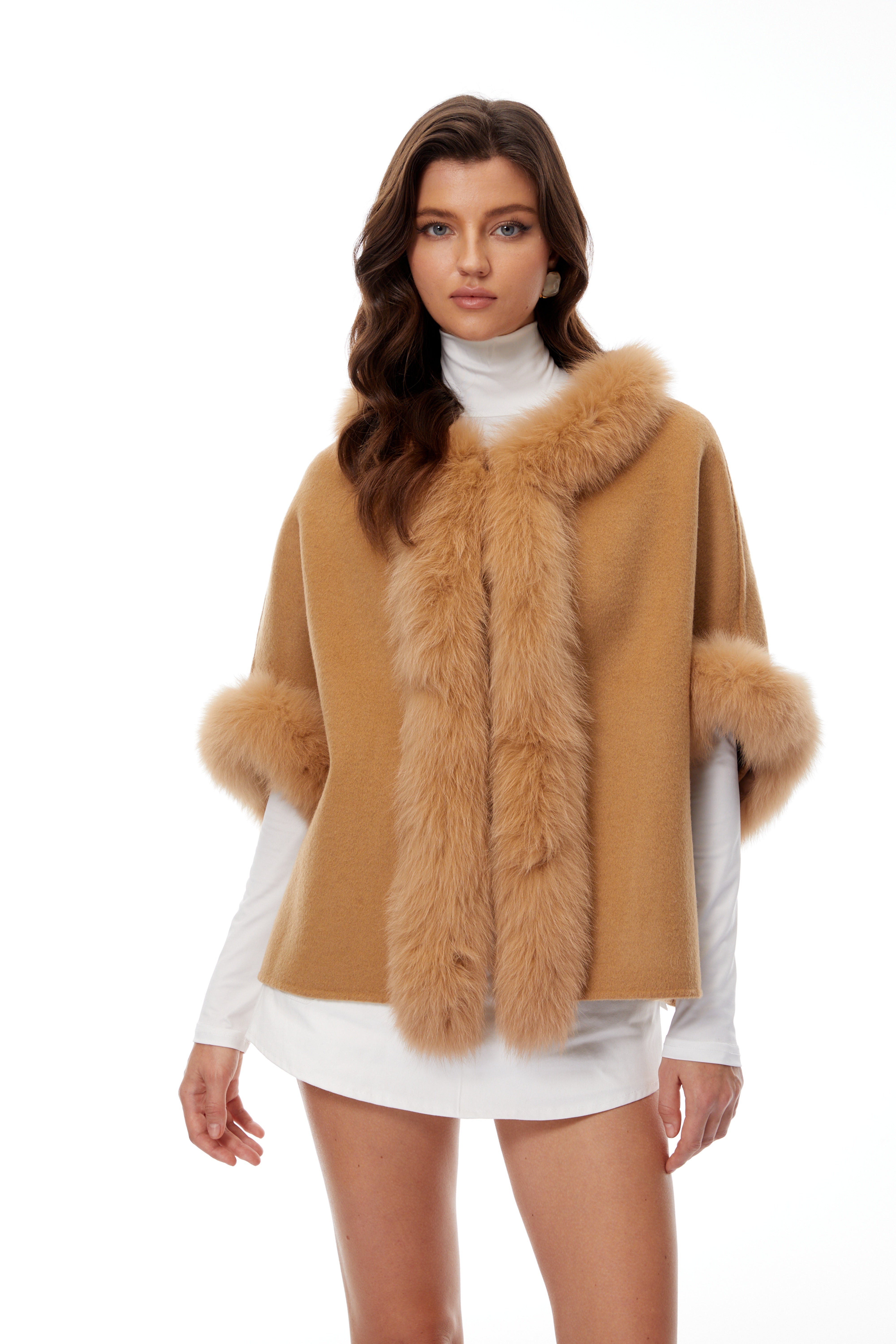 Everleigh Light Brown Fur Panel Wool Cape Coat