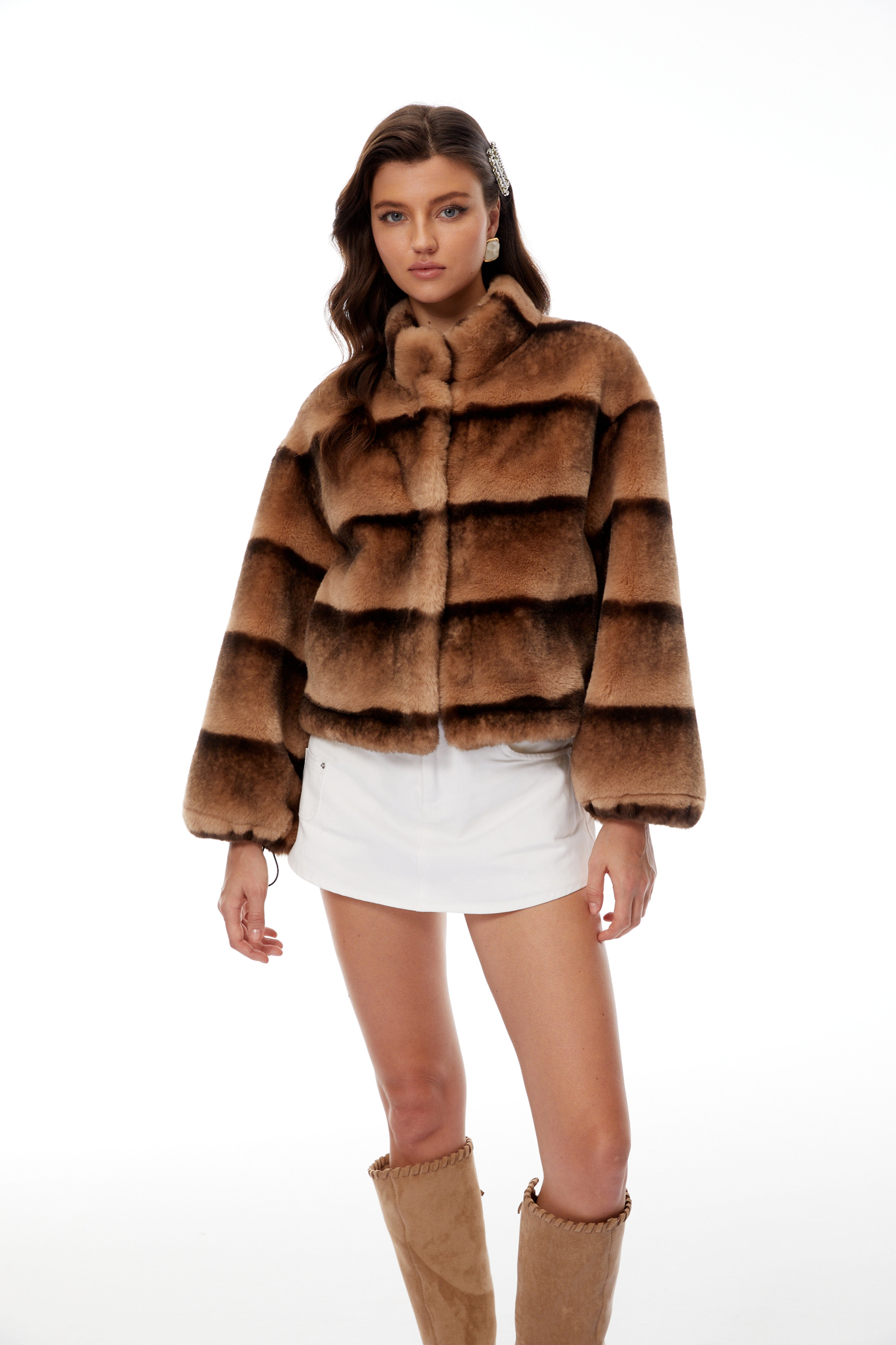 Alina Brown Gradient Faux Fur Short Coat
