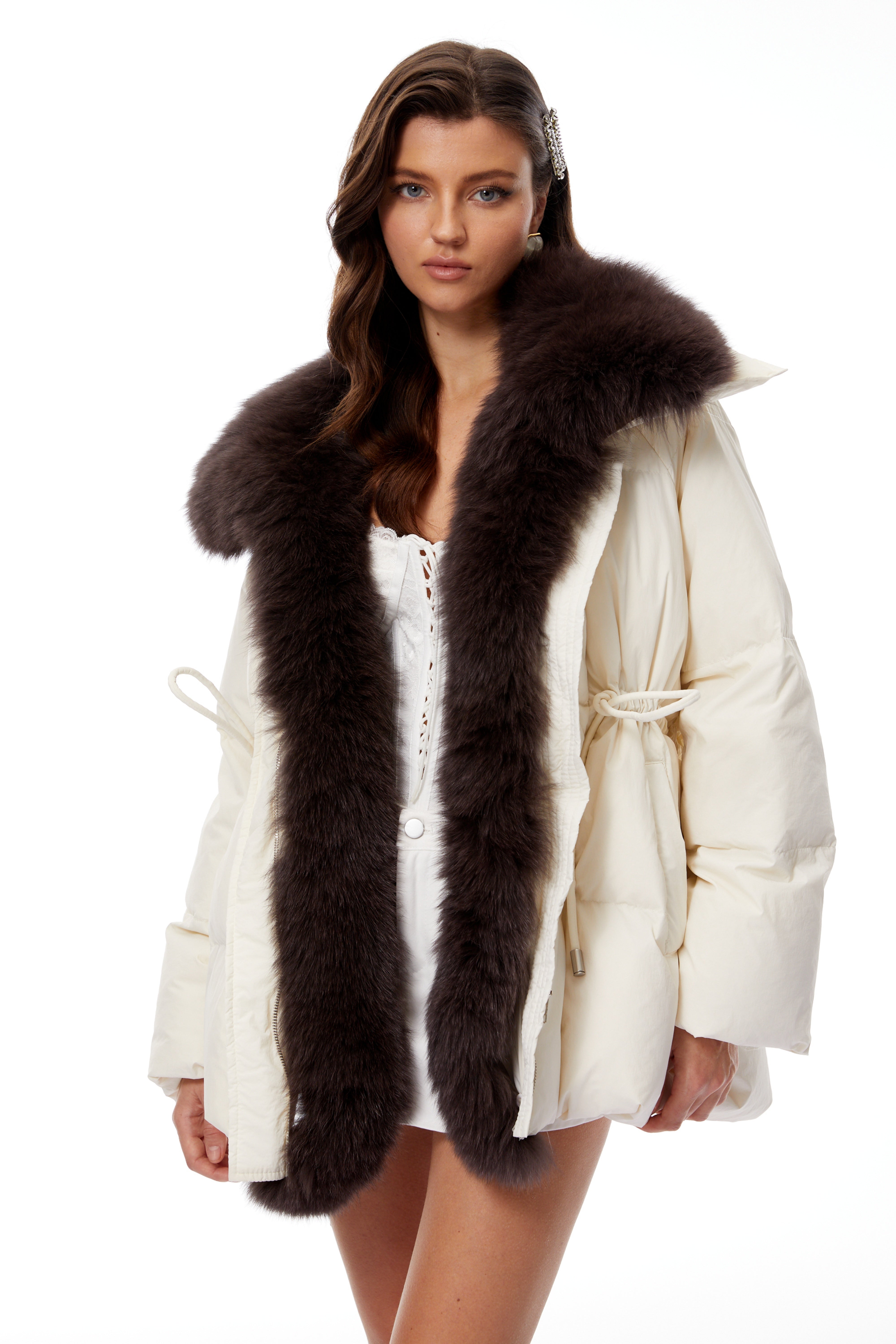 Cleo White Detachable Fur Lapel Down Jacket (Final Sale)