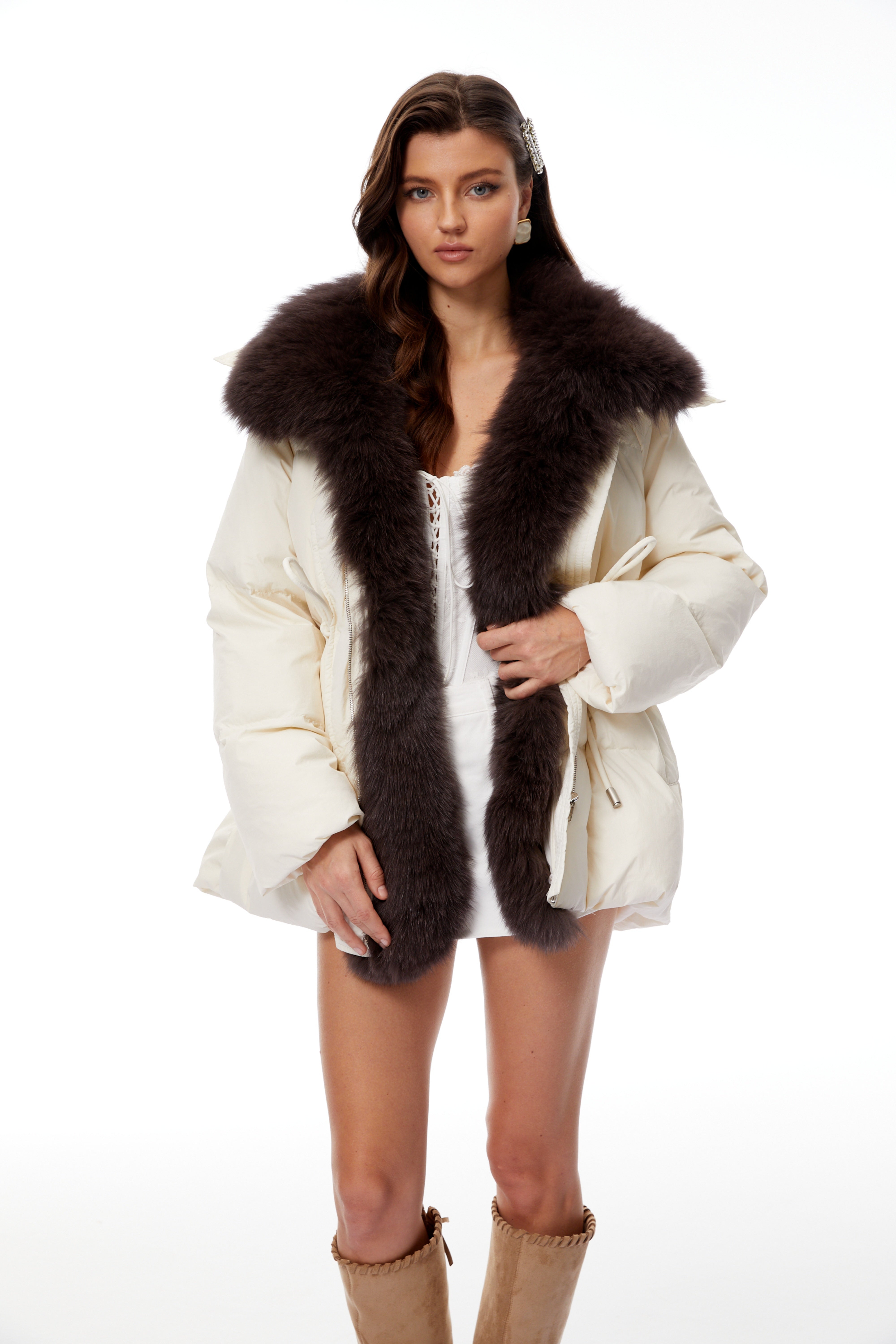 Cleo White Detachable Fur Lapel Down Jacket