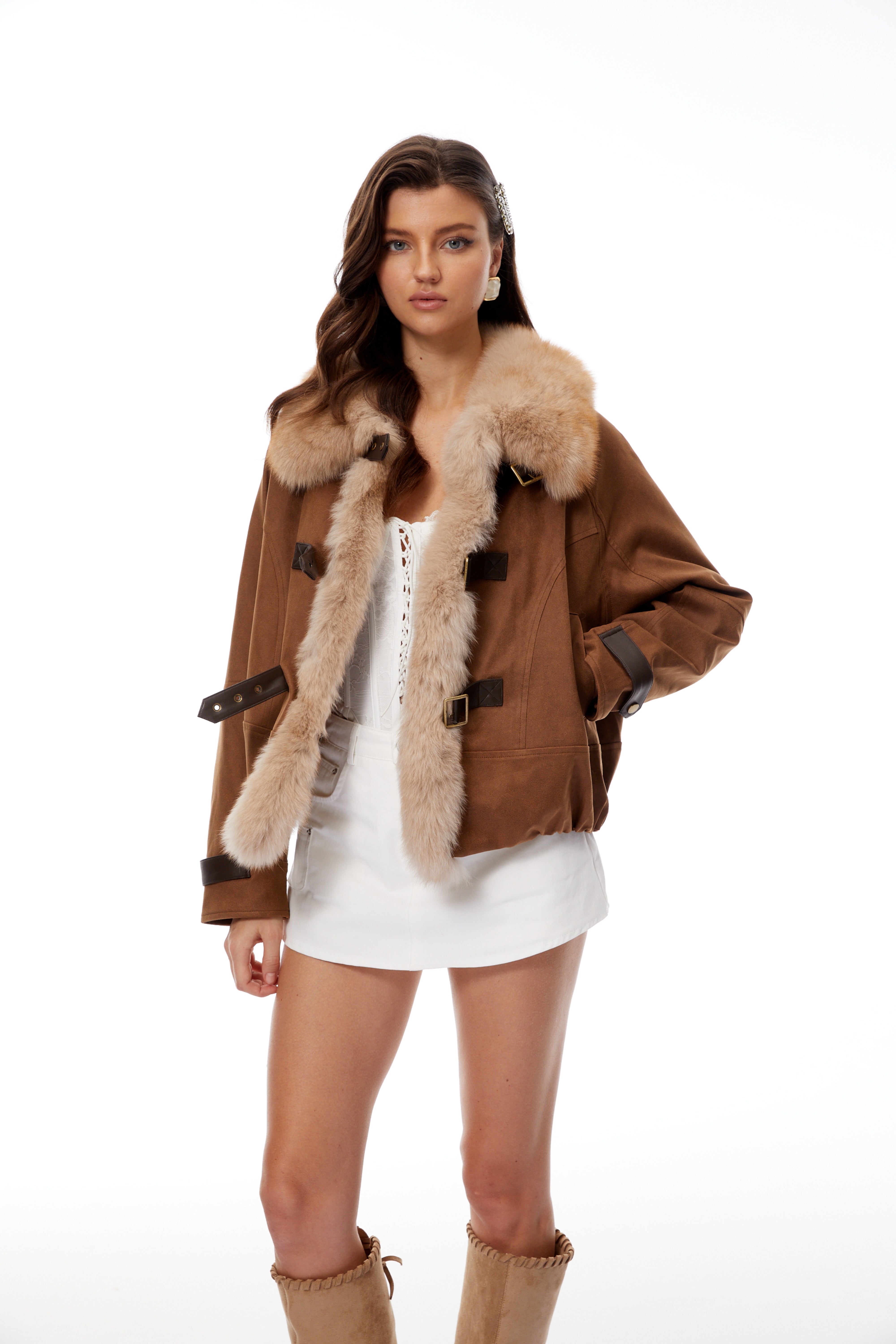 Sloane Camel Brown Fur Panel Padded Jacket
