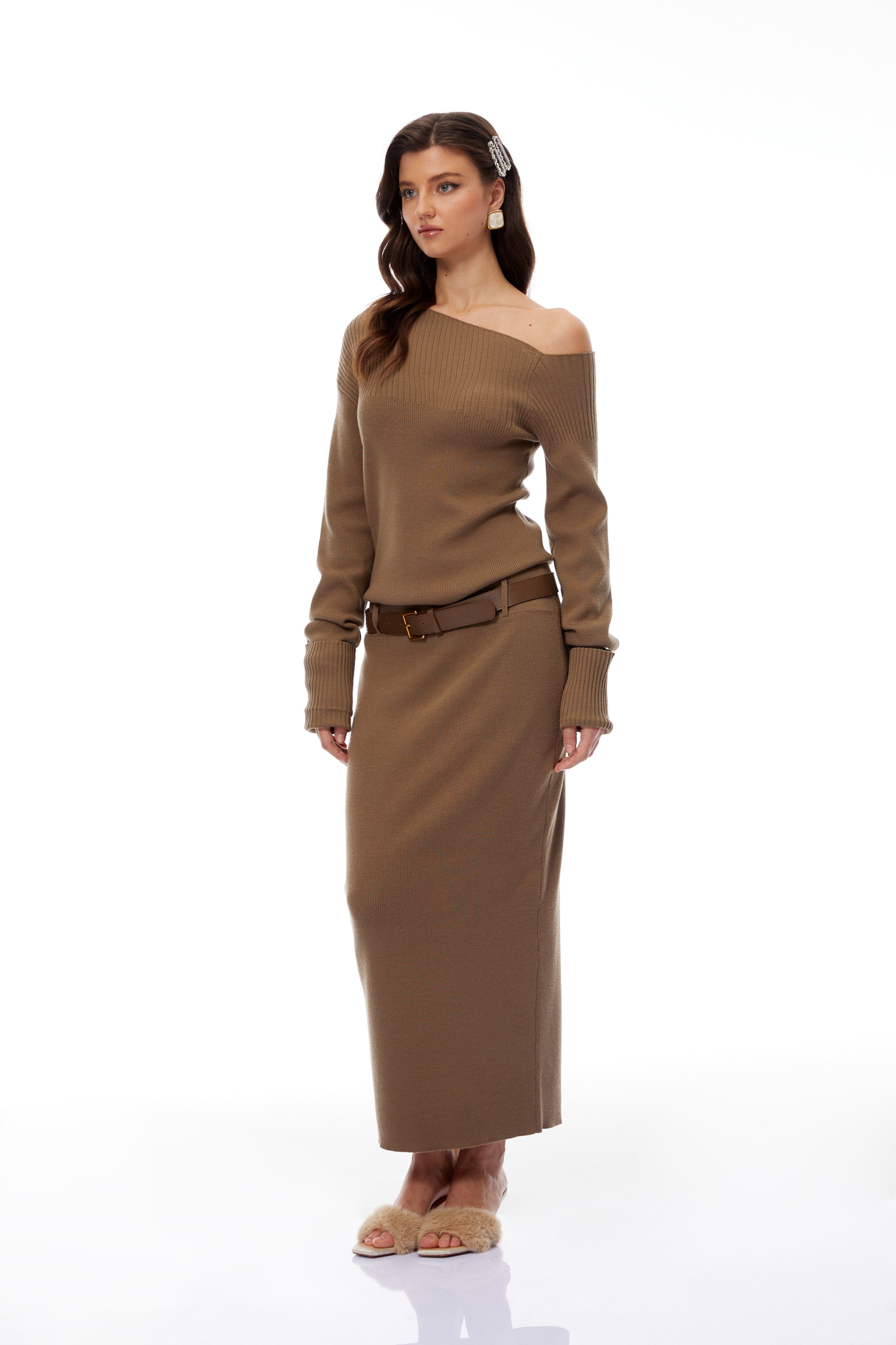Amélie Brown Ribbed Knit Blouse & Skirt Set