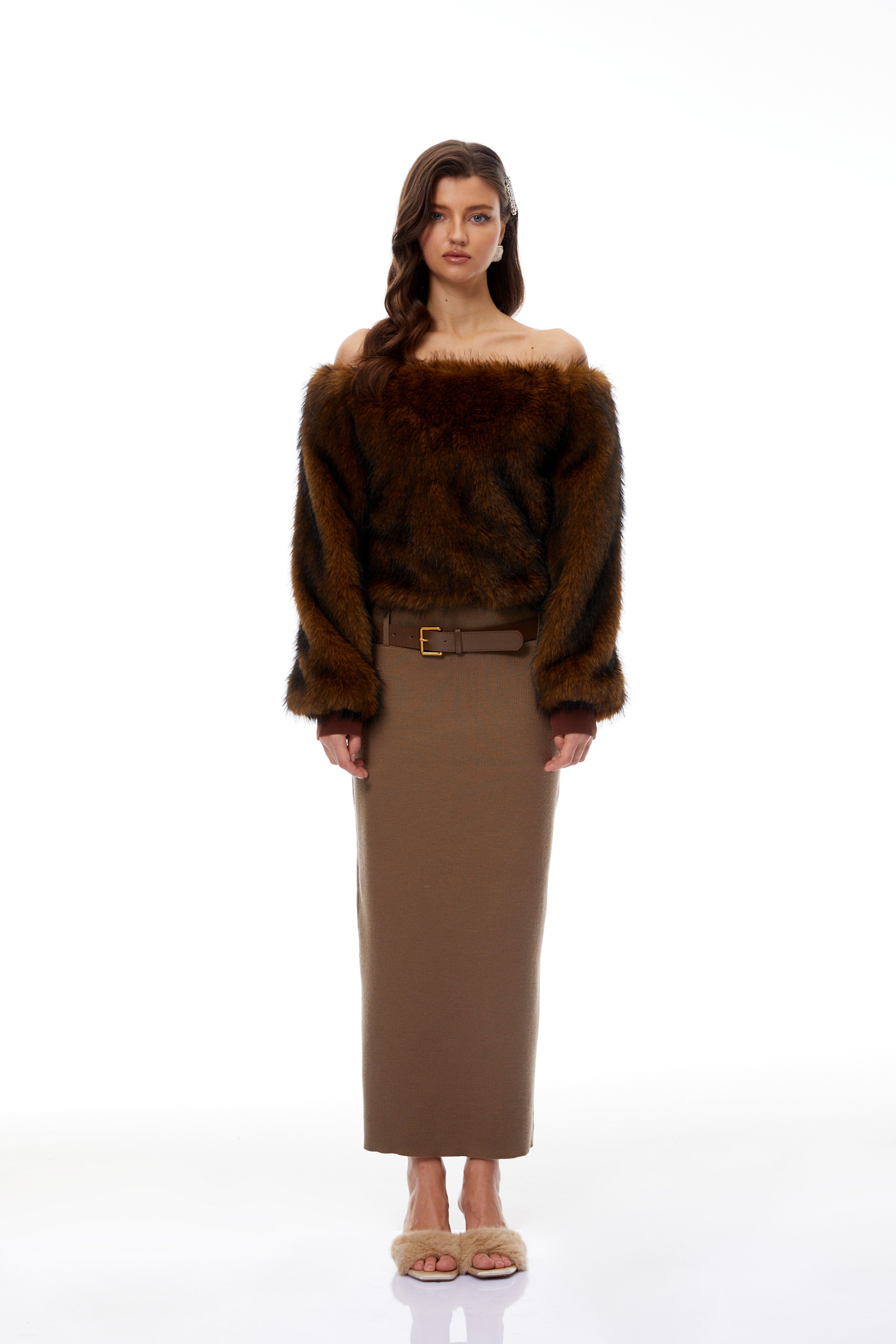Sergia Brown One Shoulder Faux Fur Blouse