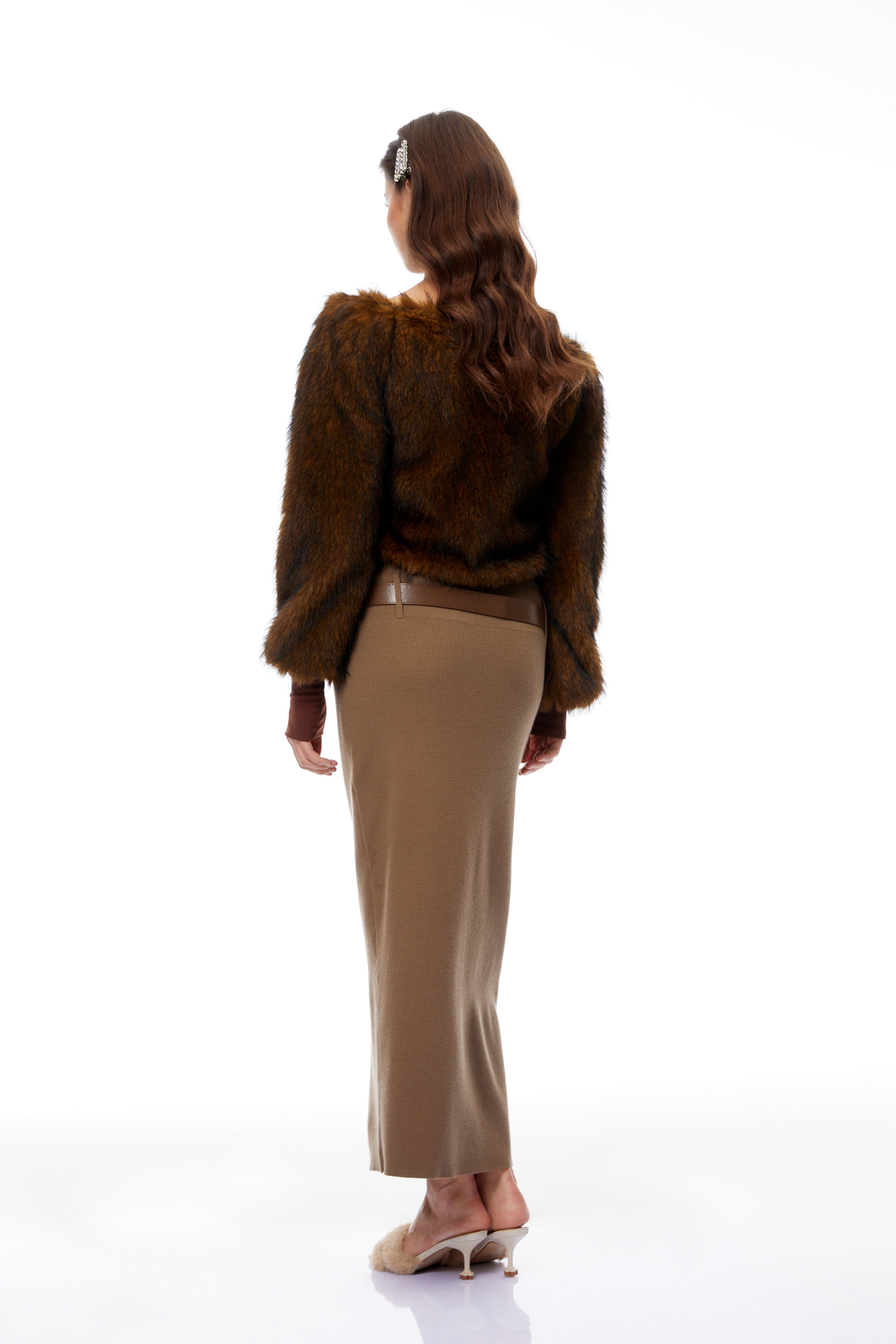 Sergia Brown One Shoulder Faux Fur Blouse