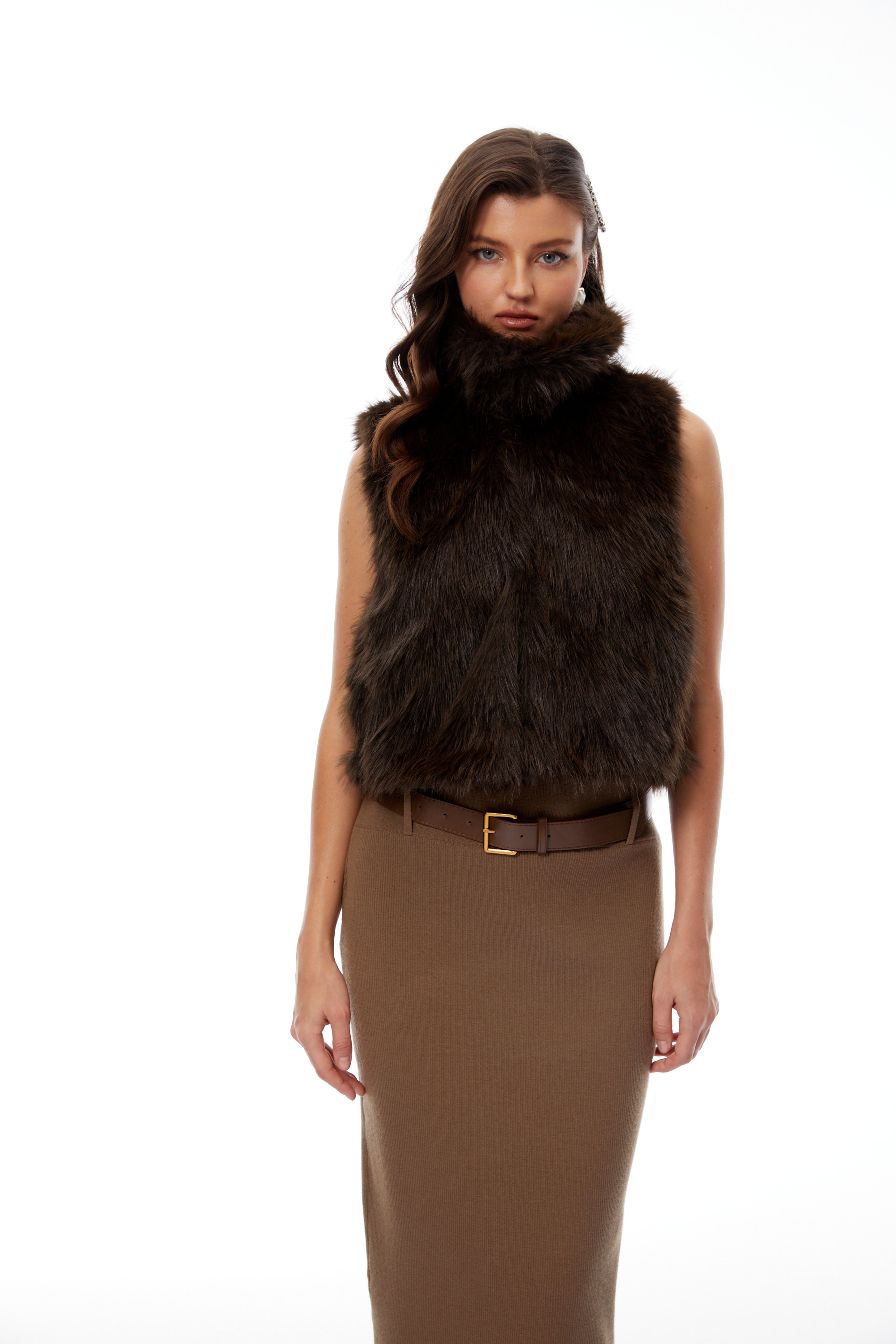 Viviana Brown Mock Neck Fur Gilet