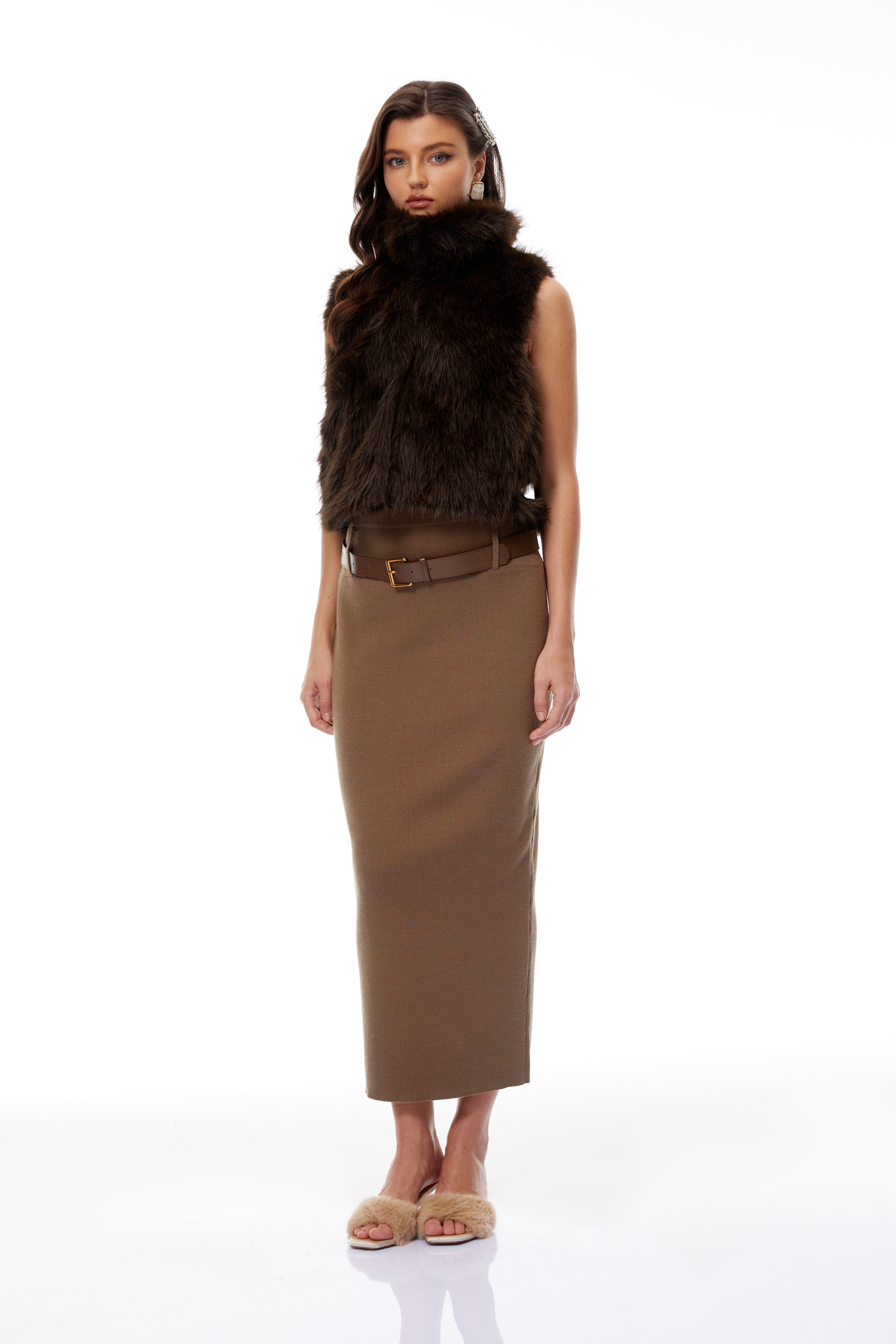 Viviana Brown Mock Neck Fur Gilet
