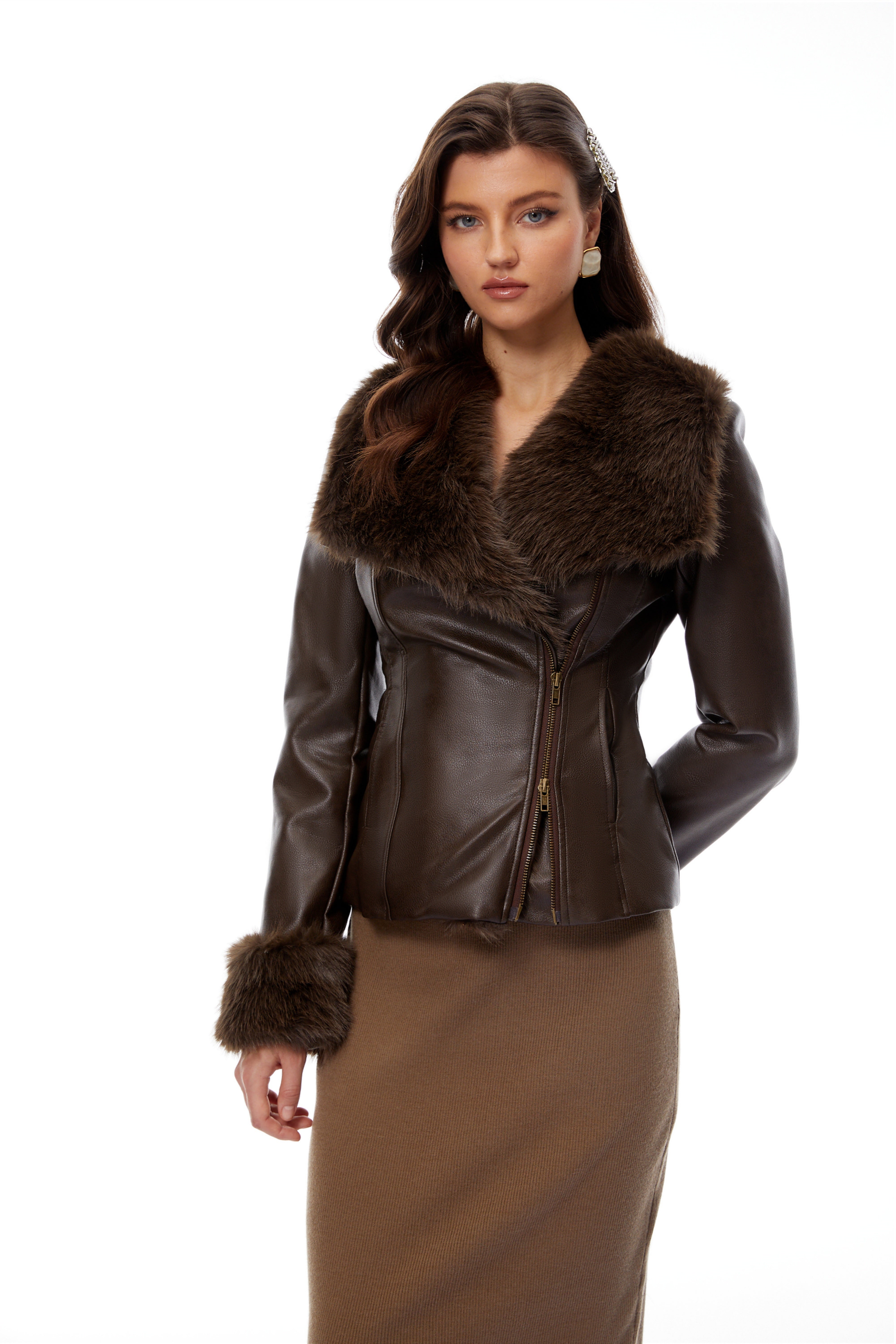 Oakley Brown Fur Panel Leather Biker Jacket (Final Sale-US Only)