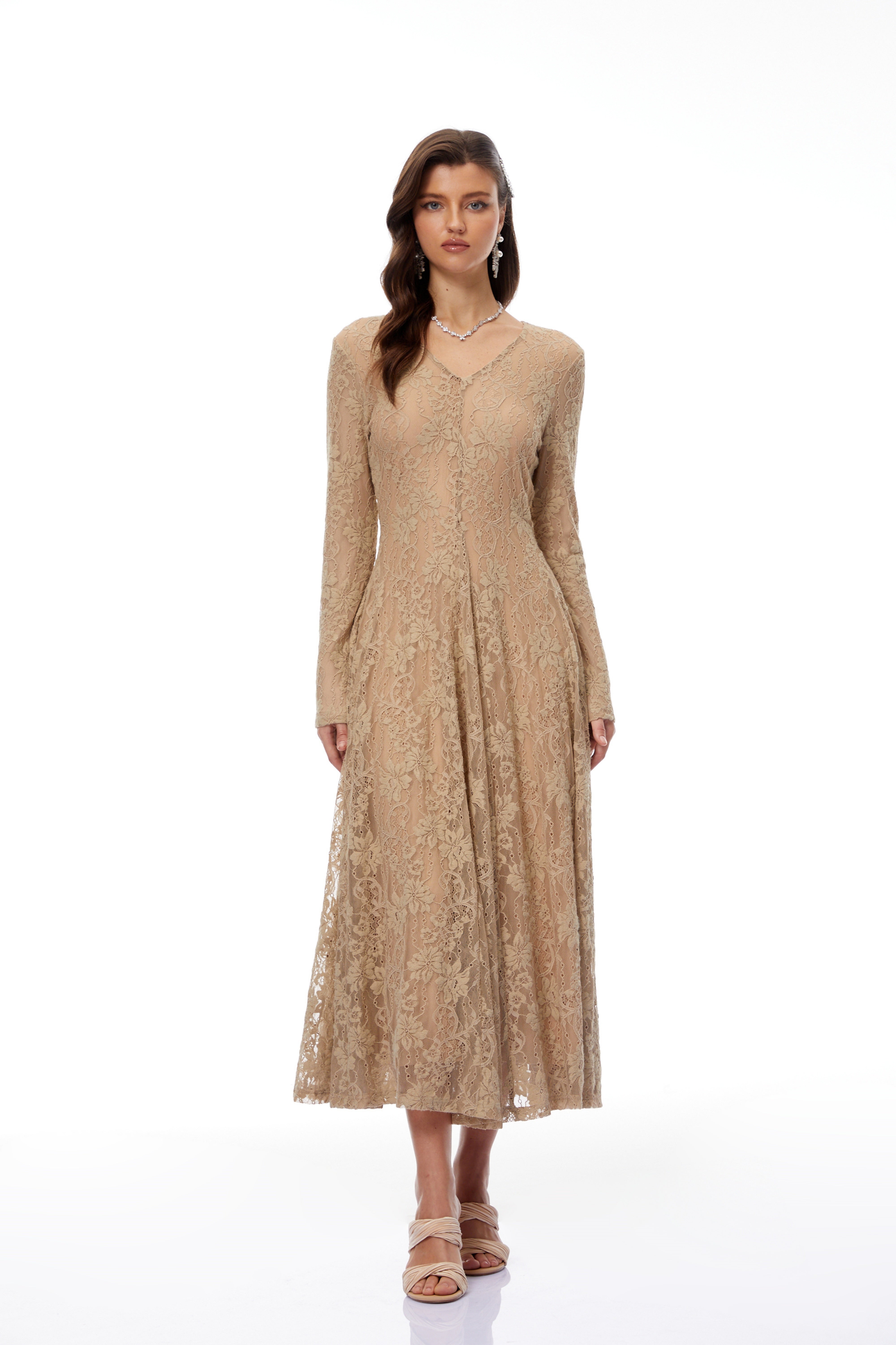 Fernanda Neutral Floral Lace Midi Dress
