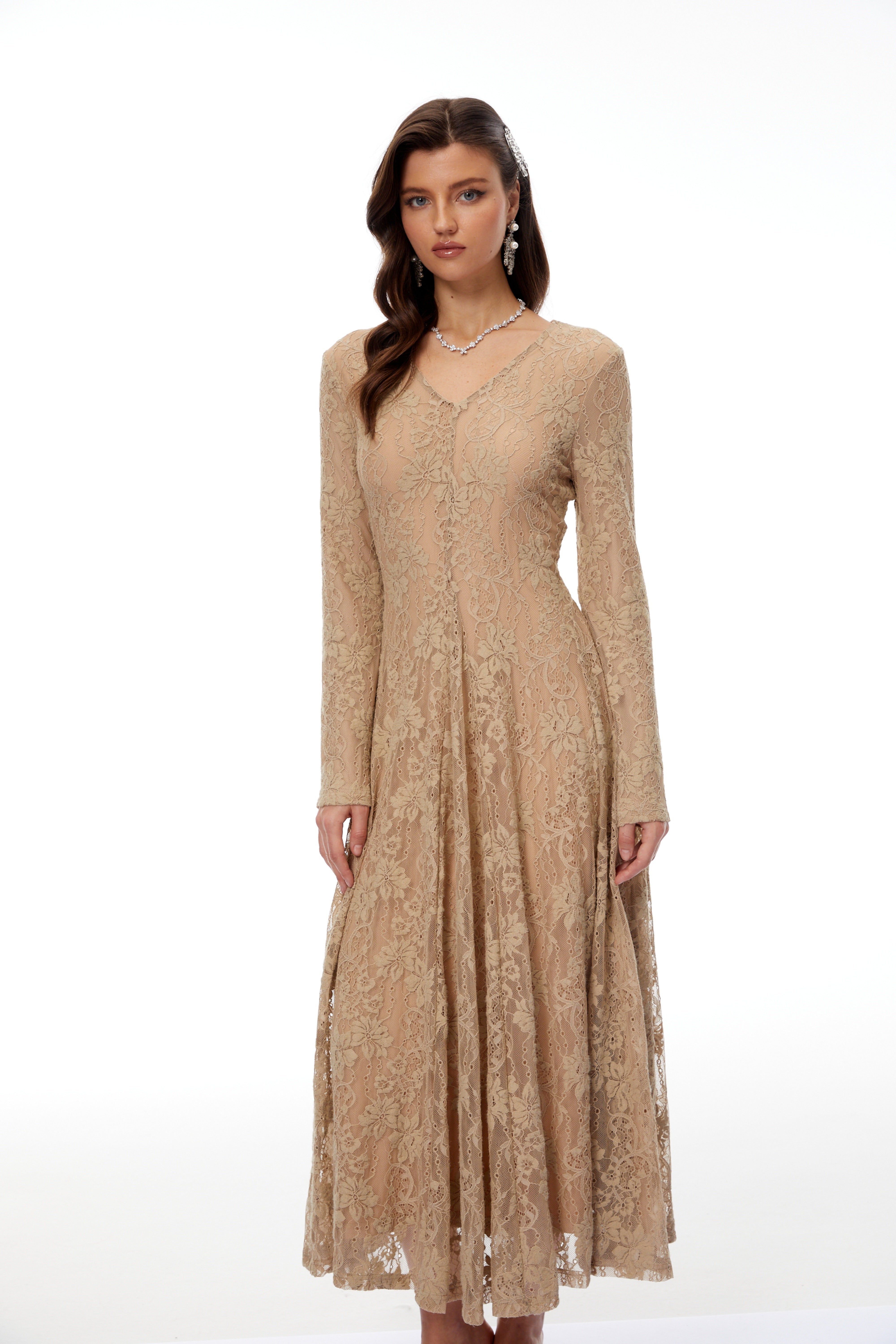 Fernanda Neutral Floral Lace Midi Dress