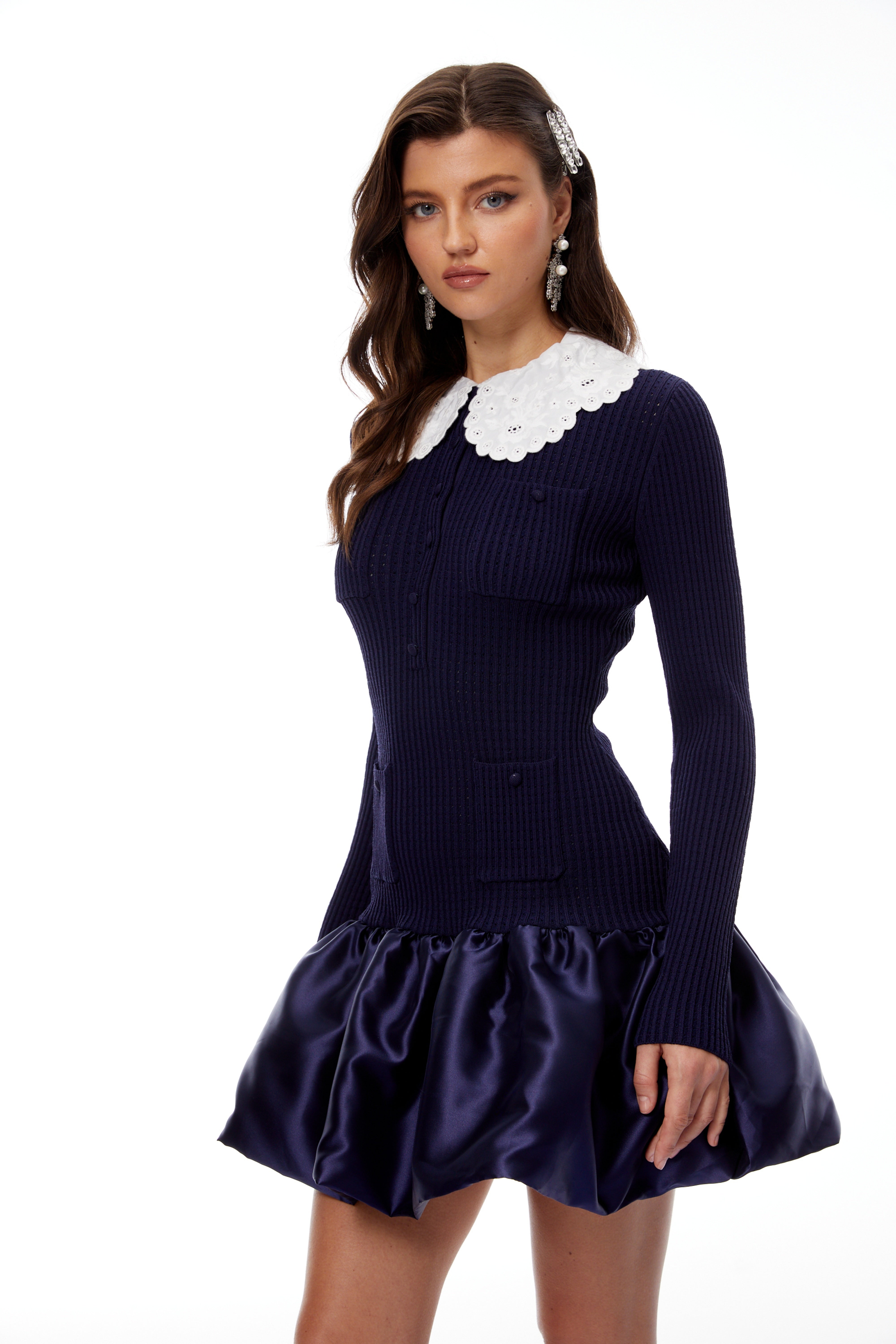 Aroa Navy Blue Satin Panel Knit Mini Dress (Final Sale-US Only)