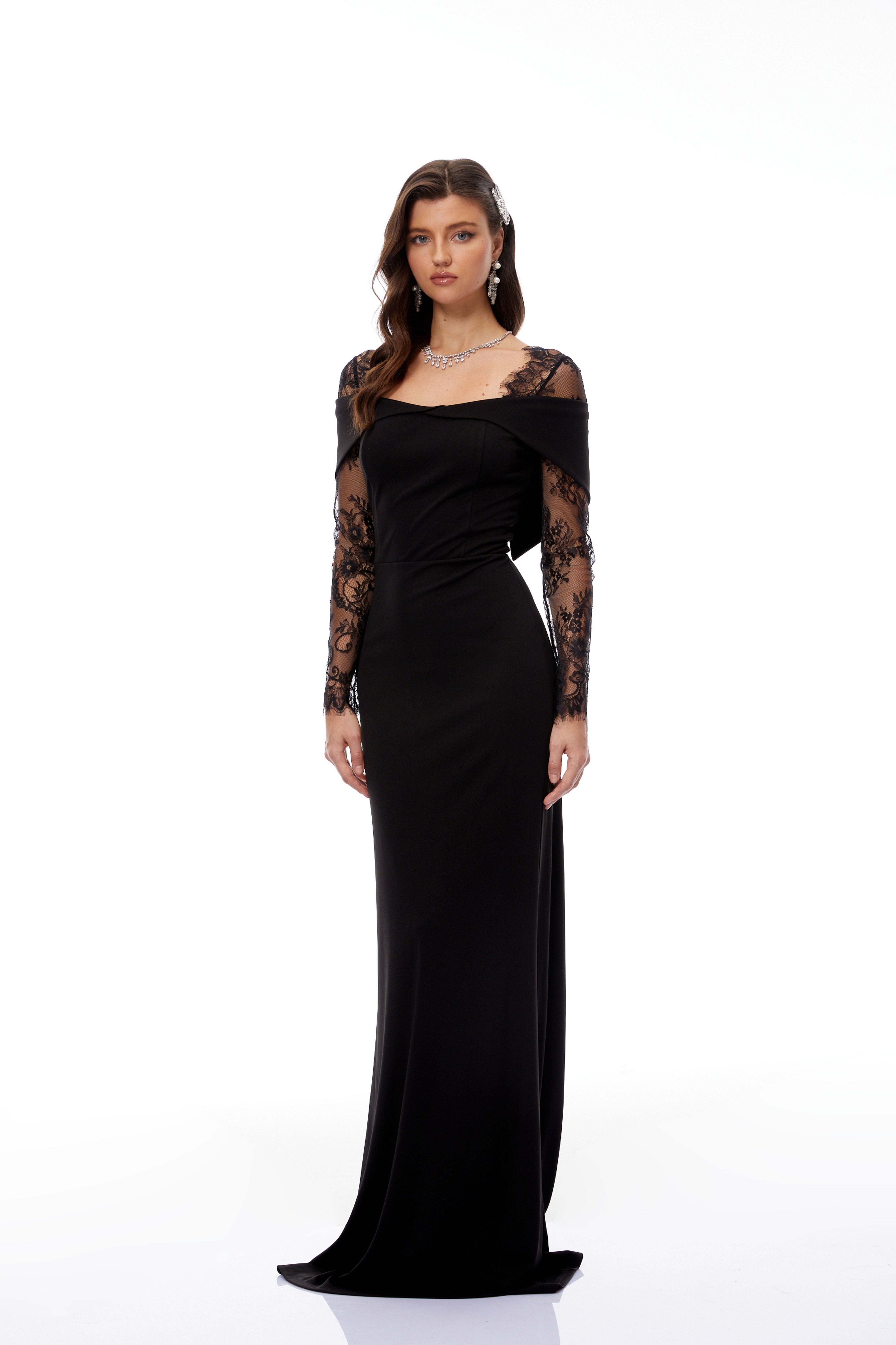 Georgiana Black Lace Panel Flared Maxi Gown (Final Sale-US Only)