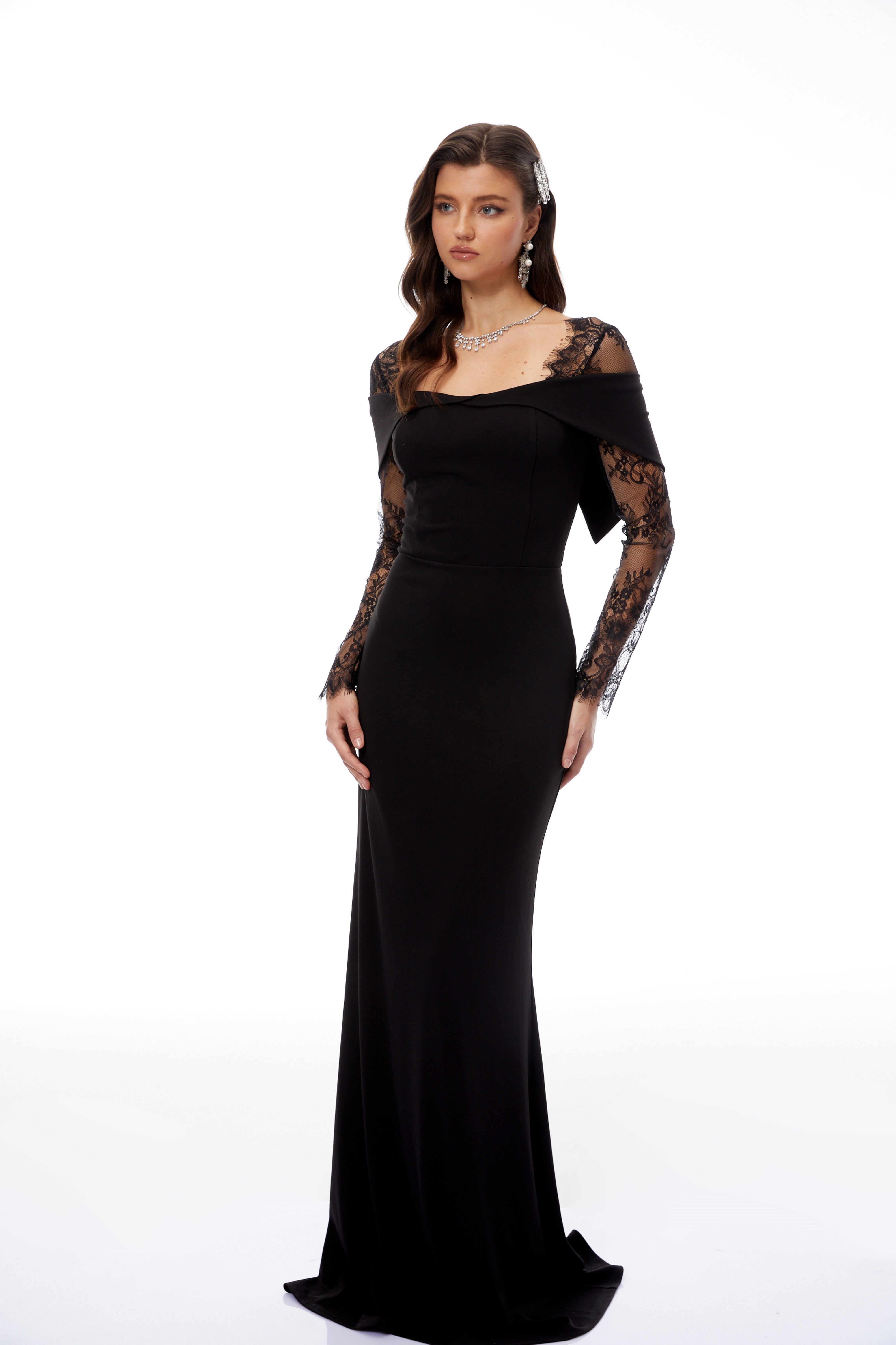 Georgiana Black Lace Panel Flared Maxi Gown
