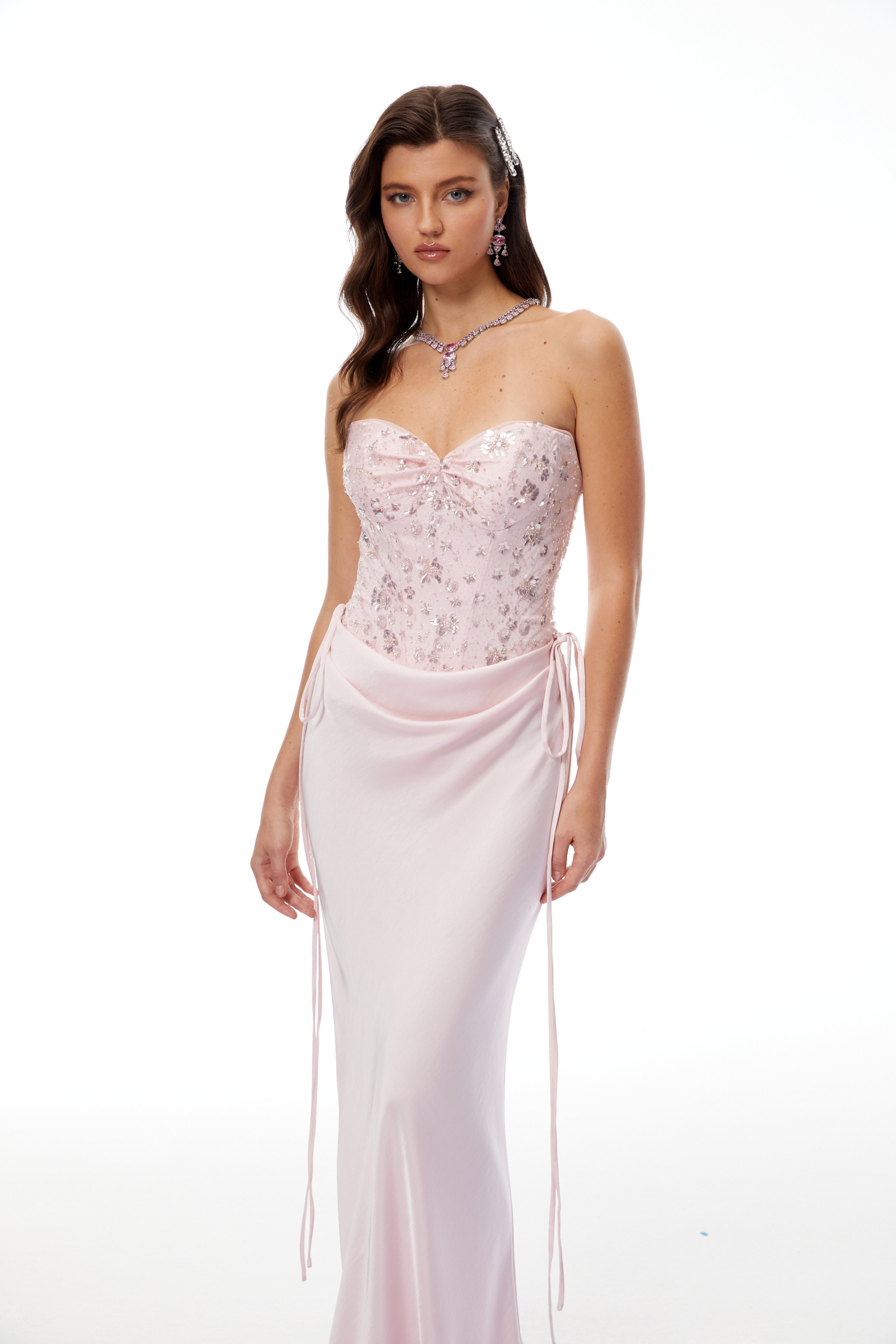 Teodora Pink Corseted Bodysuit & Satin Skirt Set