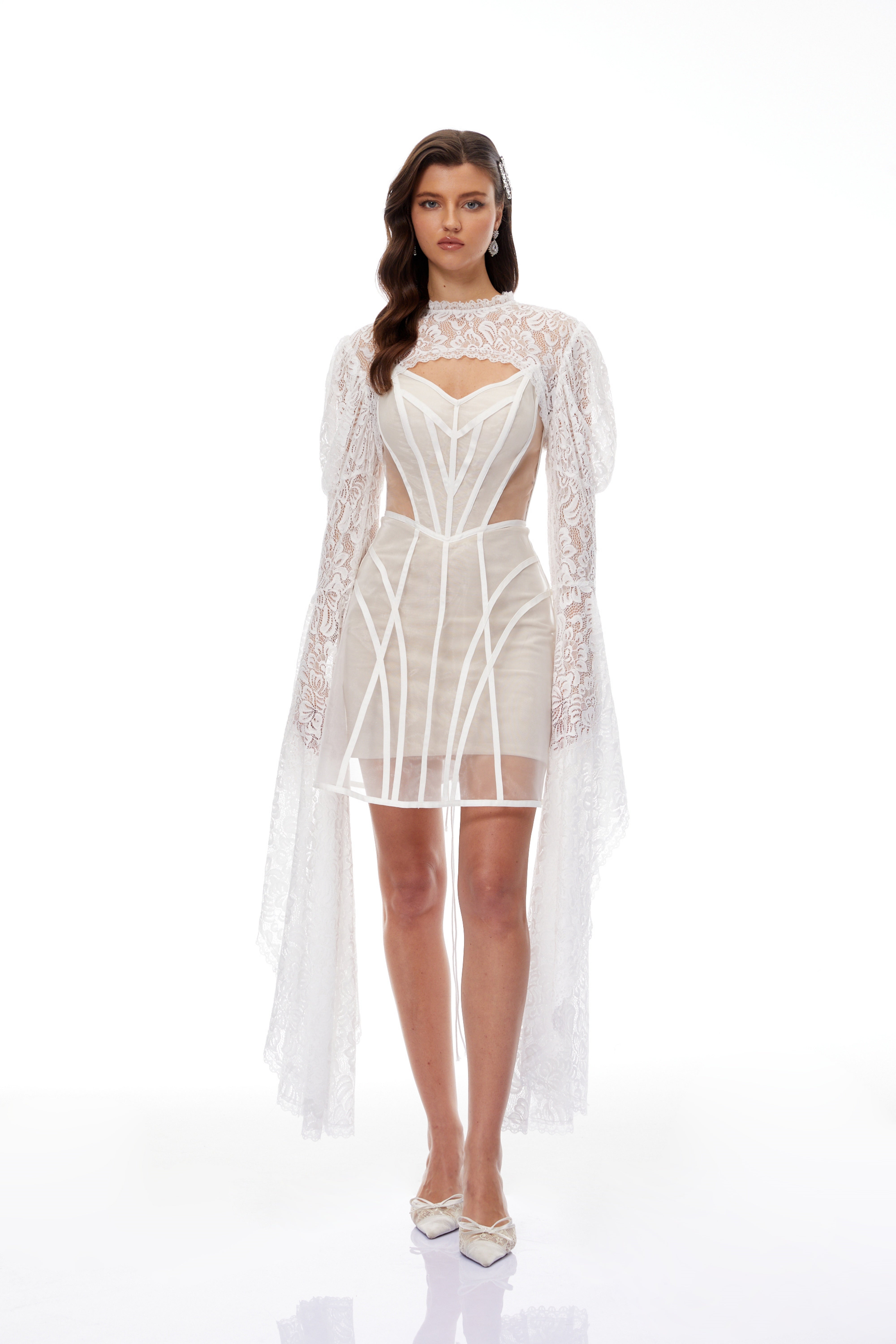 Ilaria White Lace Shrug & Linear Organza Dress Set  (Final Sale-US Only)