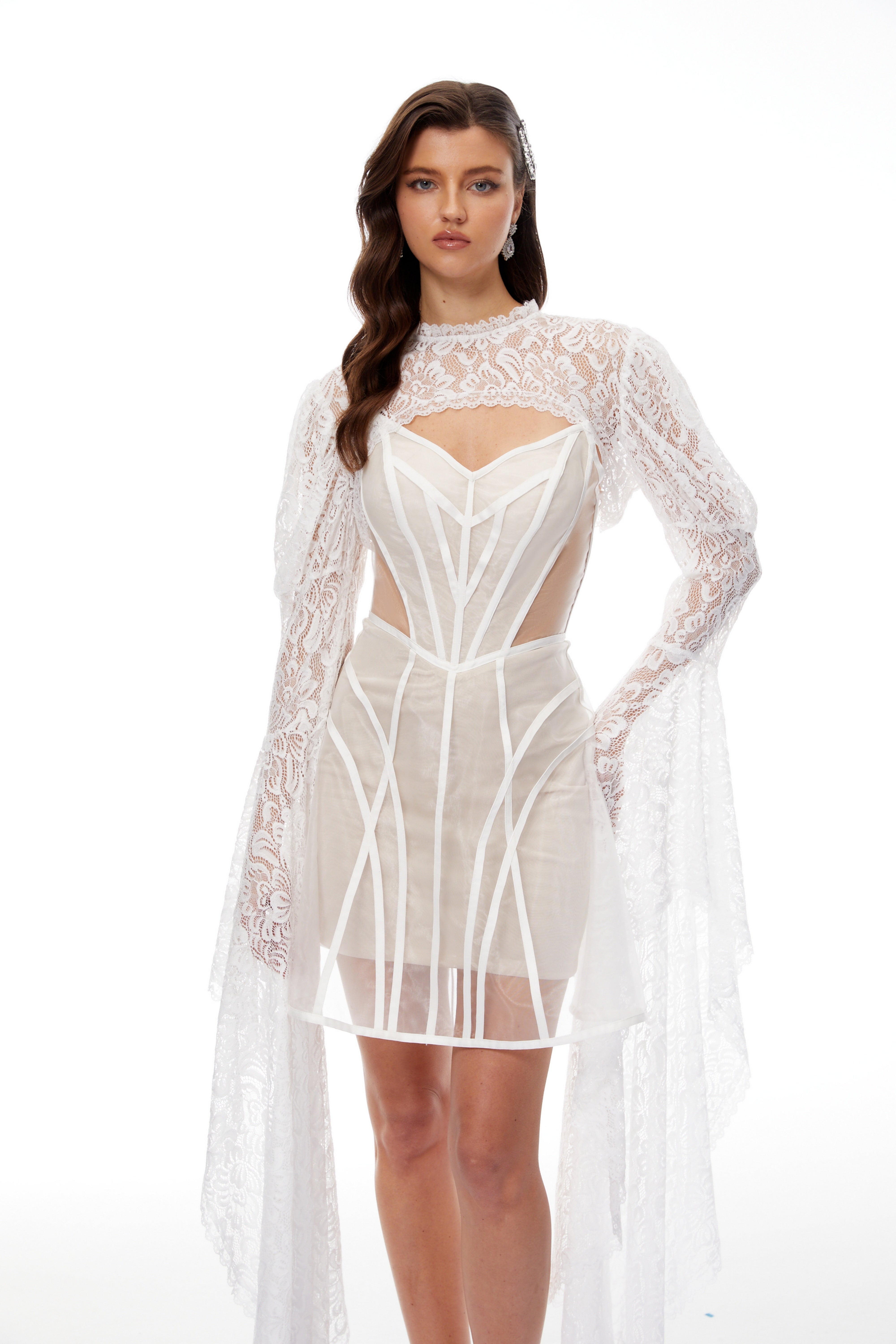 Ilaria White Lace Shrug & Linear Organza Dress Set  (Final Sale-US Only)